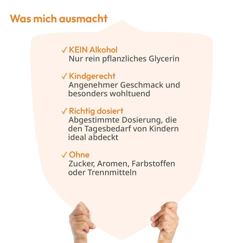 Infografik: Eigenschaften des Propolis Sprays. Ohne Alkohol, rein pflanzliches Glycerin, kindgerecht, ohne Zucker, Aromen, Farbstoffe.