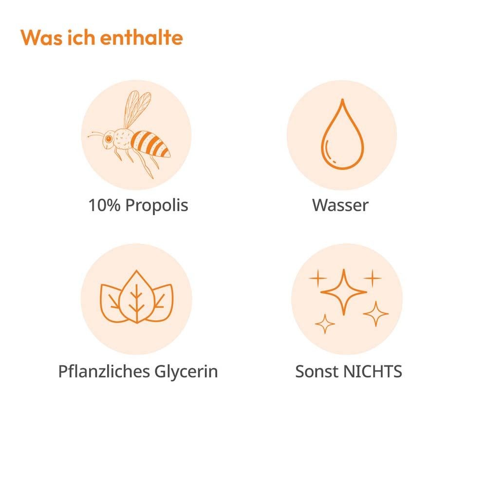 Infografik: Inhaltsstoffe des Propolis Sprays. 10% Propolis, Wasser, pflanzliches Glycerin, sonst nichts.