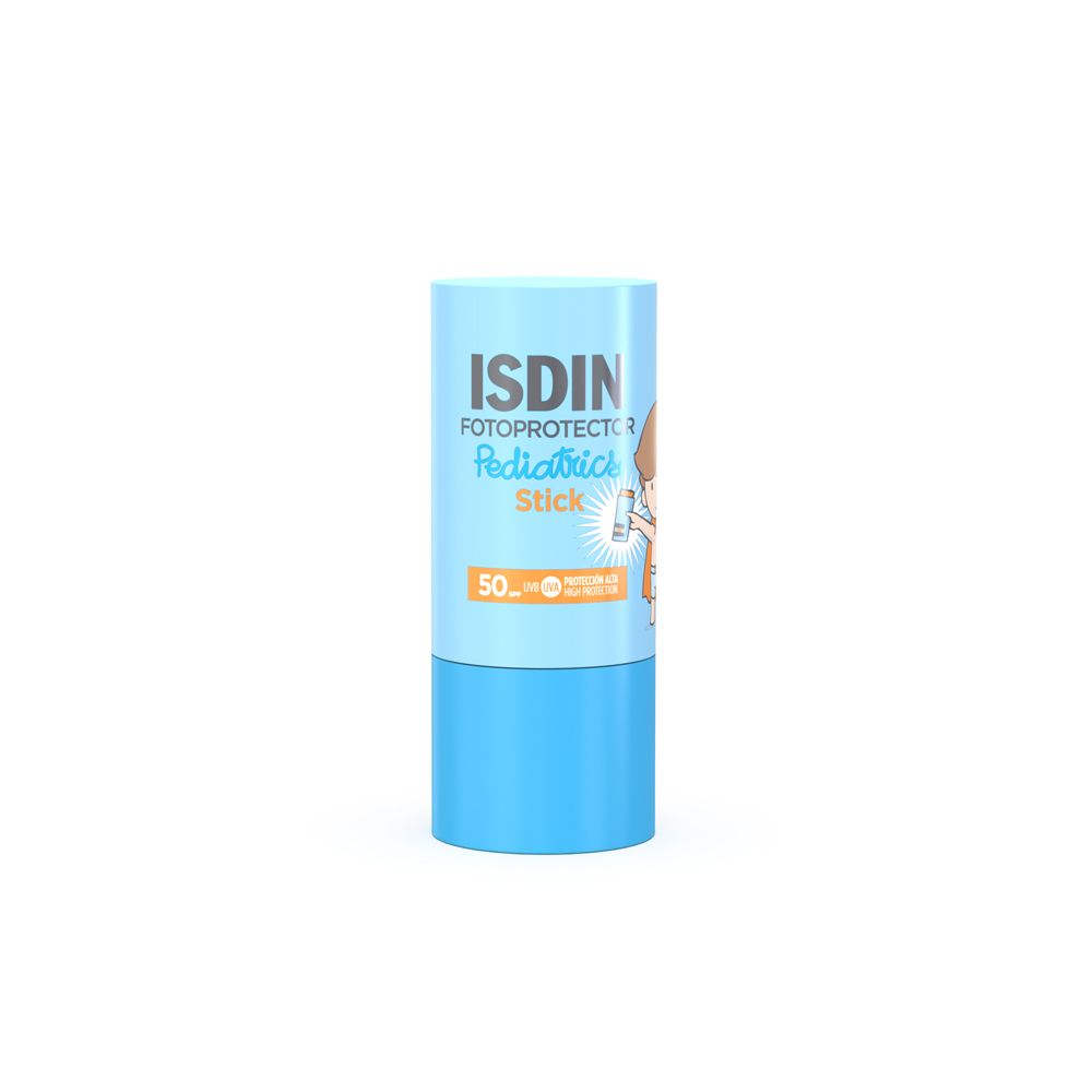 Blauer Sonnenstick. ISDIN Fotoprotector Pediatrics Stick, LSF 50. Kind-Illustration.