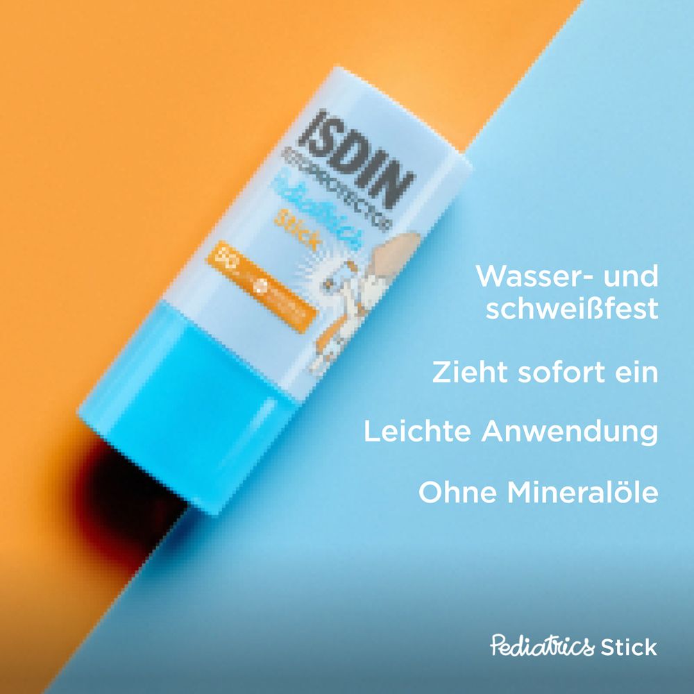 Blauer Sonnenstick. Text: Wasser- und schweißfest, zieht sofort ein, leichte Anwendung, ohne Mineralöle. Pediatrics Stick.