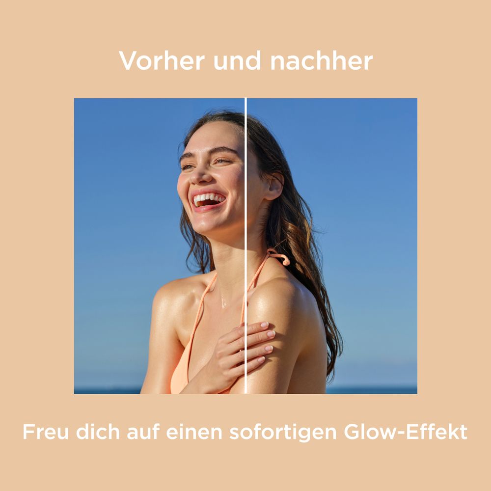 Vorher-Nachher-Bild. Frau mit strahlender Haut. Text: Sofortiger Glow-Effekt.