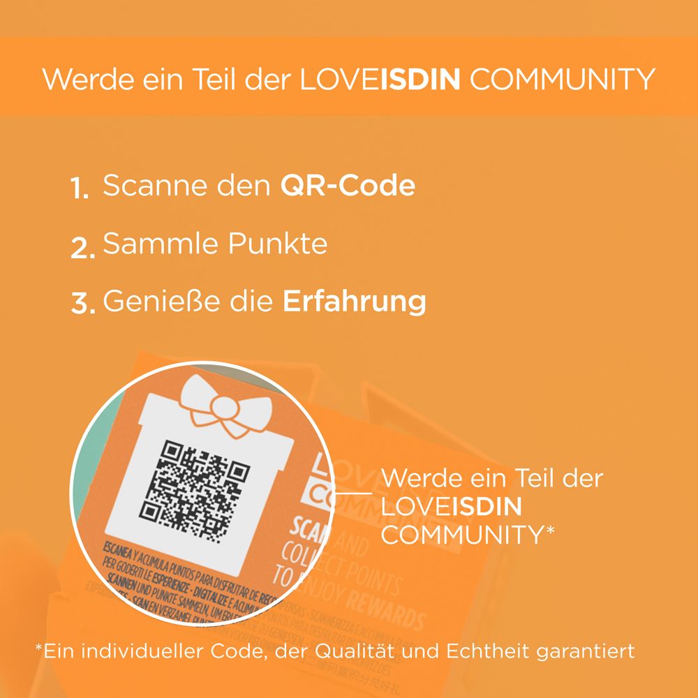 QR-Code. Text: Werde Teil der LOVEISDIN COMMUNITY. Sammle Punkte, genieße die Erfahrung.