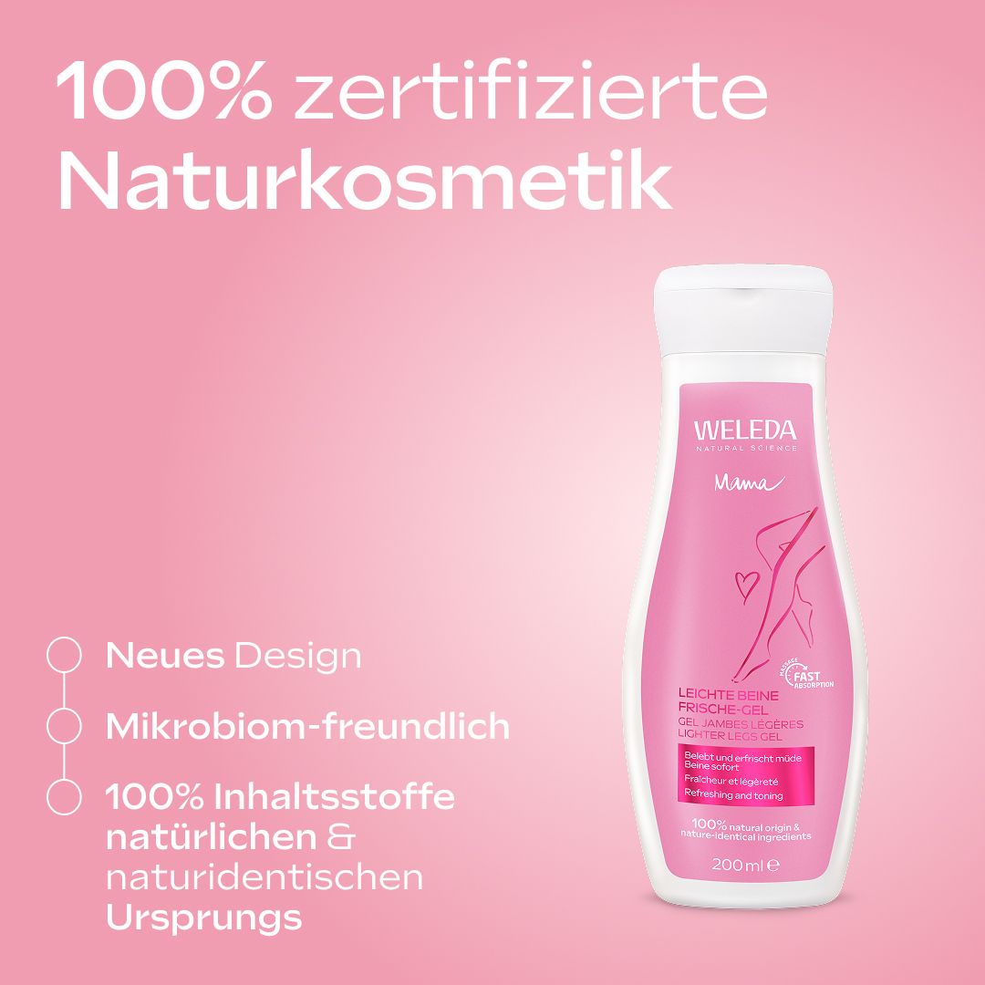 Weleda Leichte Beine Frische-Gel Flasche. Text: 100% zertifizierte Naturkosmetik. Neues Design.