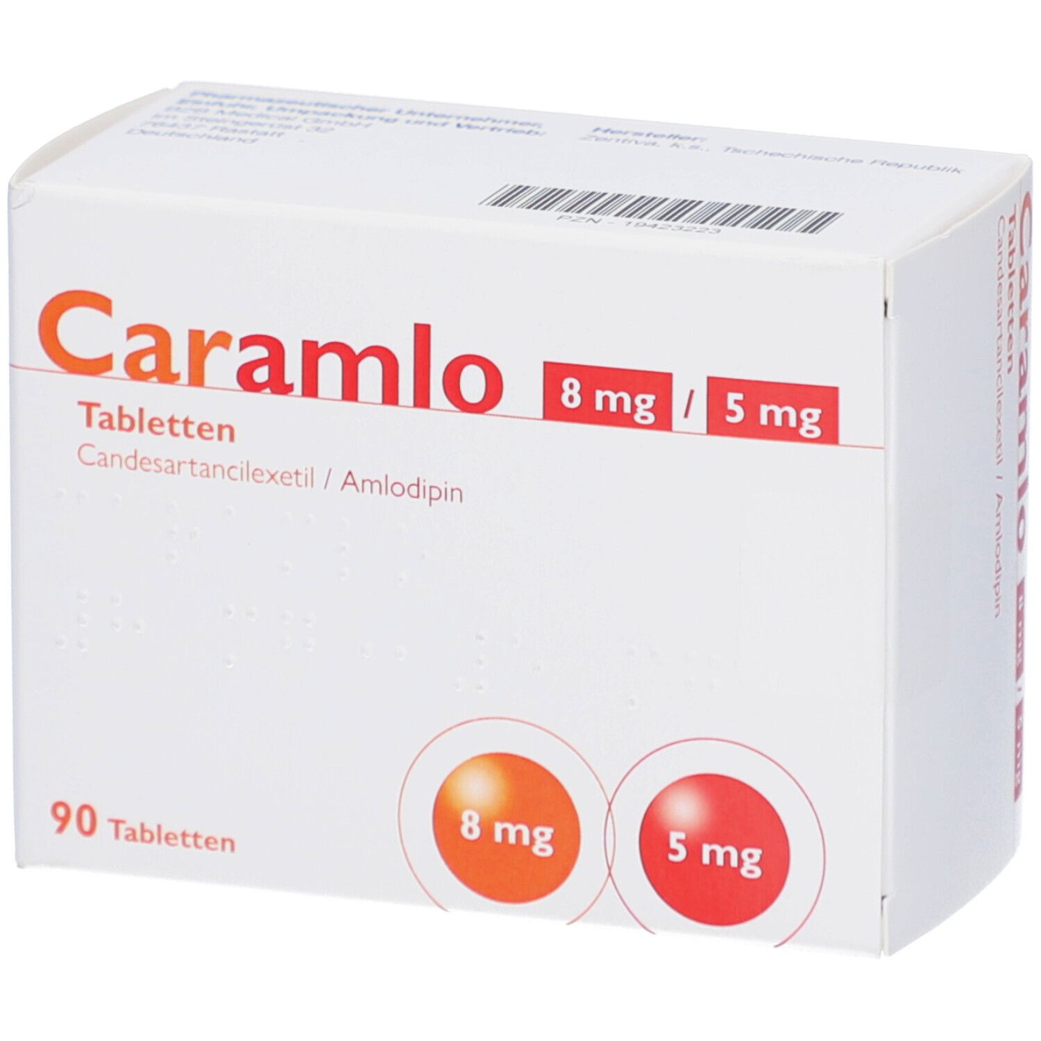 Weiße Tablettenbox mit Aufschrift Caramlo 8 mg/5 mg Tabletten. Enthält 90 Tabletten. Orange und rote Kreise mit Dosierungsangaben.