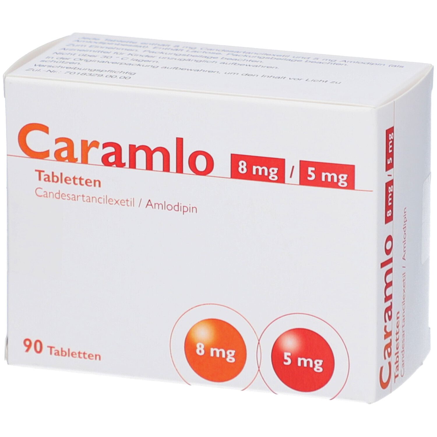 Weiße Tablettenbox mit Aufschrift Caramlo 8 mg/5 mg Tabletten. Enthält 90 Tabletten. Orange und rote Kreise mit Dosierungsangaben.