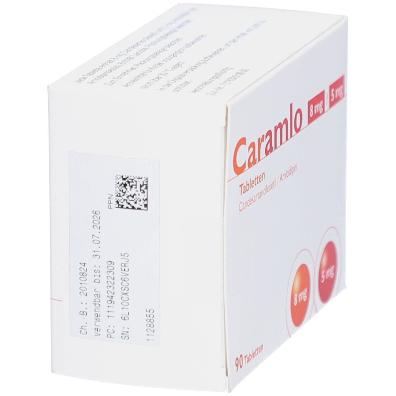 Weiße Tablettenbox mit Aufschrift Caramlo 8 mg/5 mg Tabletten. Enthält 90 Tabletten. Orange und rote Kreise mit Dosierungsangaben. Seitenansicht.
