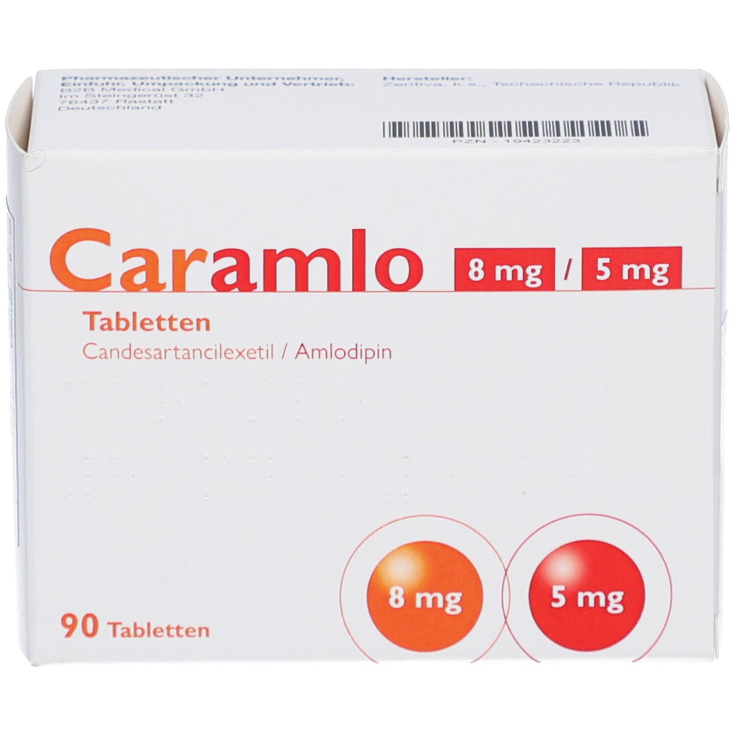 Weiße Tablettenbox mit Aufschrift Caramlo 8 mg/5 mg Tabletten. Enthält 90 Tabletten. Orange und rote Kreise mit Dosierungsangaben.