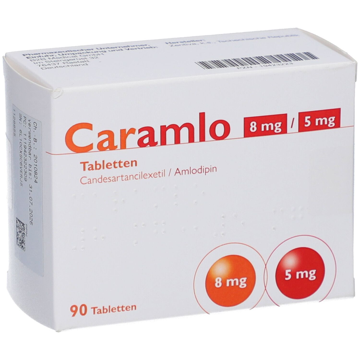 Weiße Tablettenbox mit Aufschrift Caramlo 8 mg/5 mg Tabletten. Enthält 90 Tabletten. Orange und rote Kreise mit Dosierungsangaben.