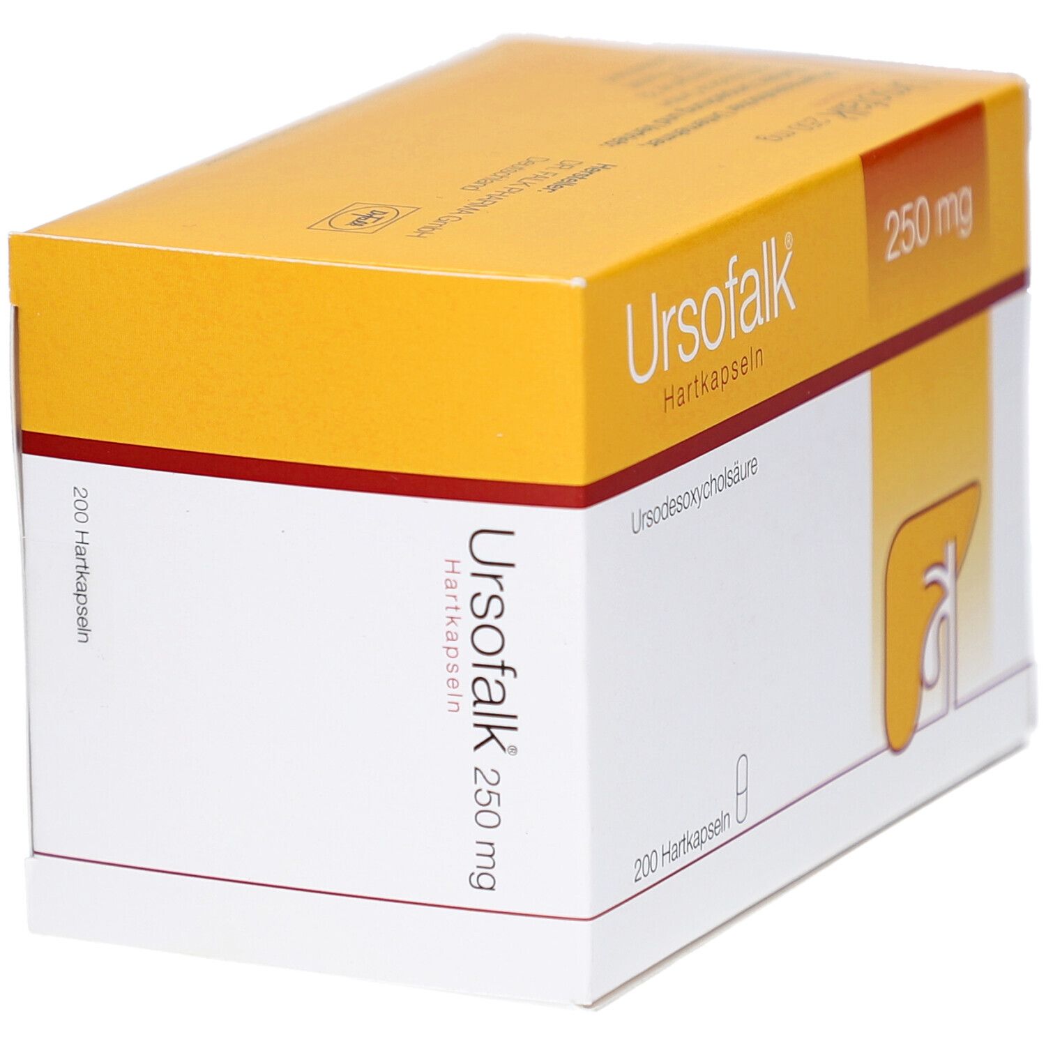 Schrägansicht der Verpackung von URSOFALK 250 mg Hartkapseln. Gelb-weiße Schachtel mit Produktnamen und Dosierung.