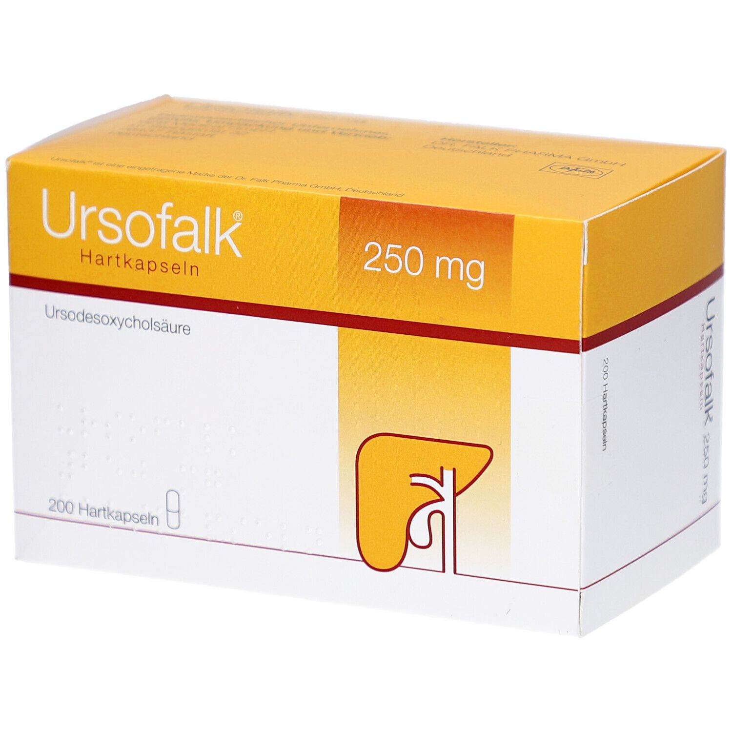 Verpackung von URSOFALK 250 mg Hartkapseln. Gelb-weiße Schachtel mit Produktnamen, Dosierung und Leber-Illustration.