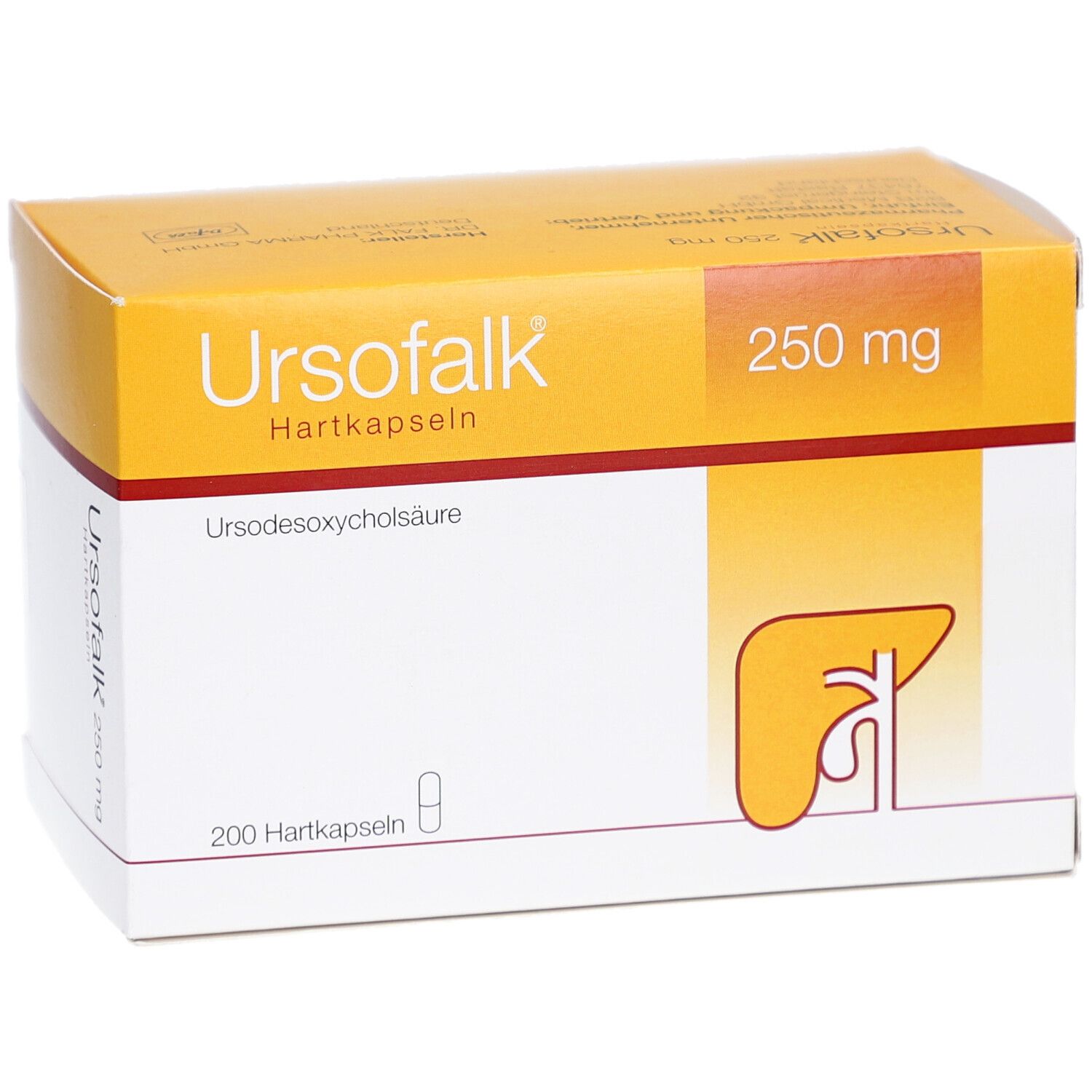 URSOFALK 250 mg Hartkapseln-Verpackung. Gelb-weiße Schachtel mit Produktnamen, Dosierung und Leber-Symbol.