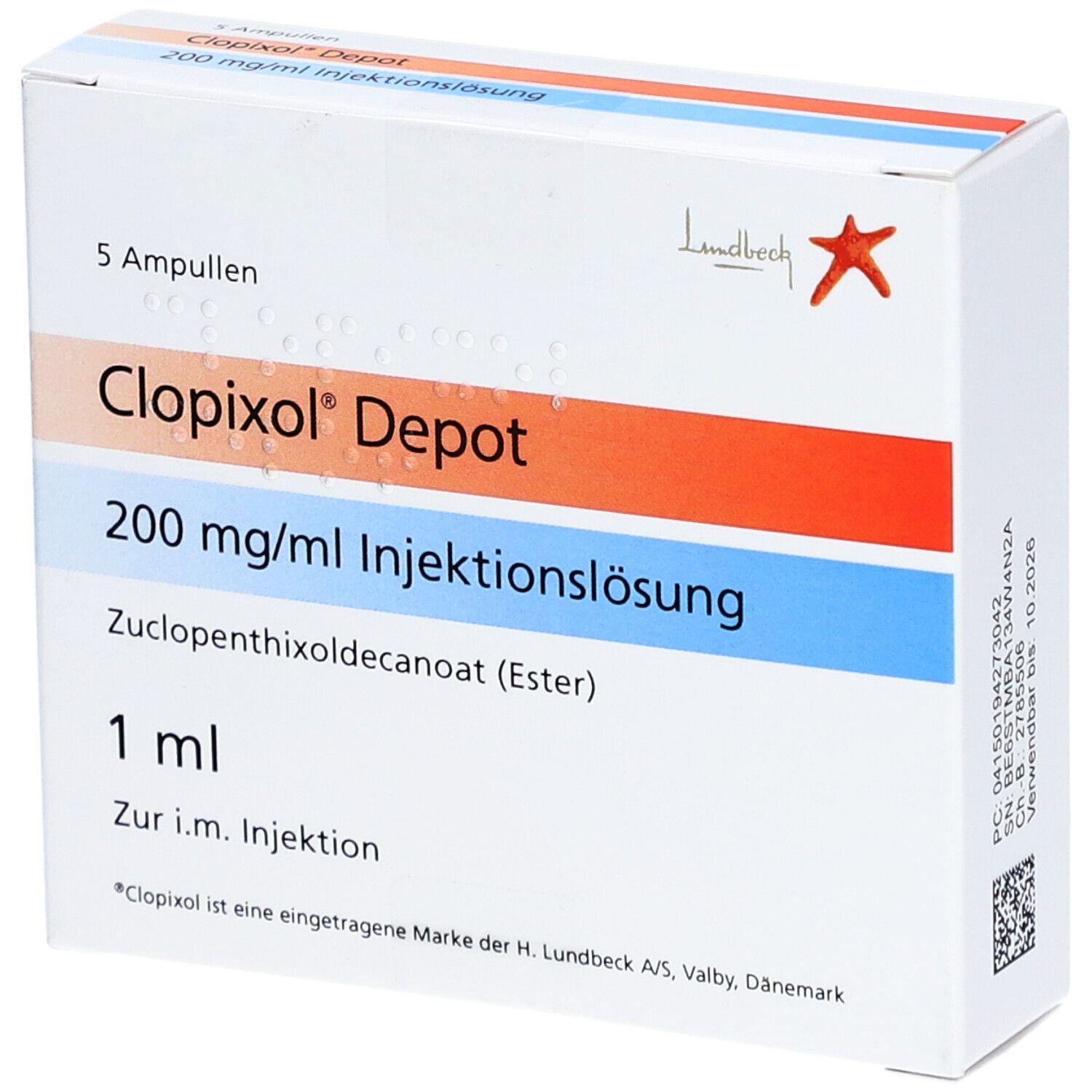 Verpackung mit 5 Ampullen Clopixol Depot 200 mg/ml Injektionslösung. Enthält 1 ml. Hersteller Lundbeck.