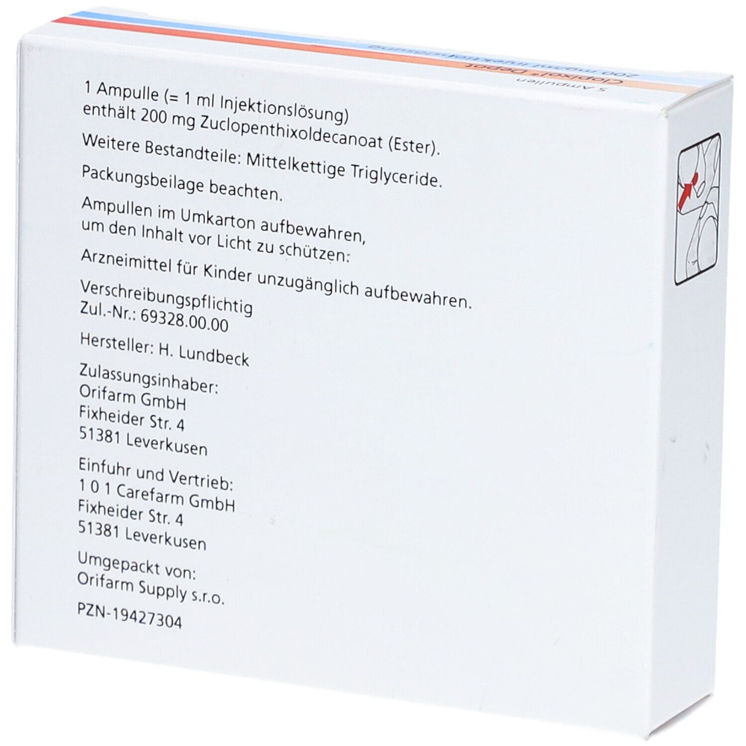 Rückseite der Verpackung von Clopixol Depot. Enthält Informationen zu Inhaltsstoffen, Hersteller und Zulassung.