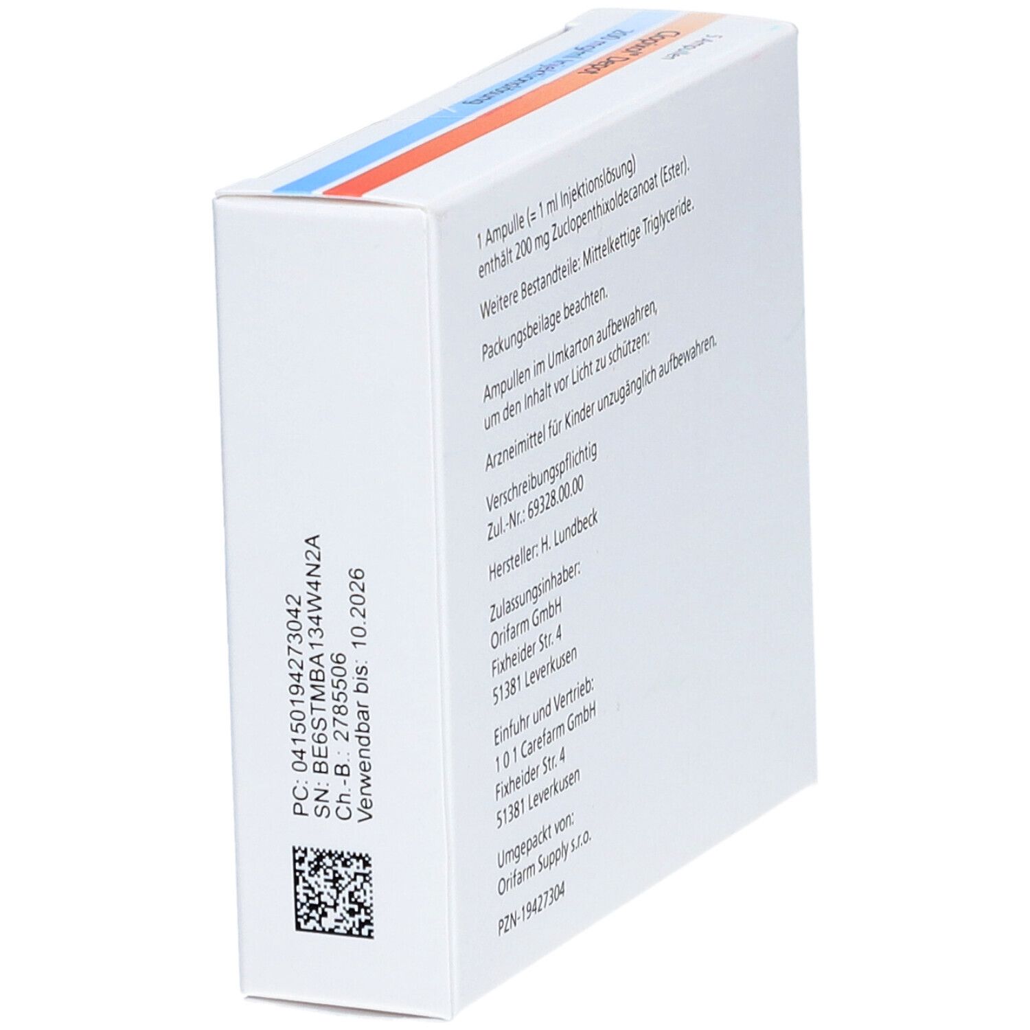 Rückseite der Verpackung von Clopixol Depot. Enthält Informationen, Chargennummer und Verfallsdatum.