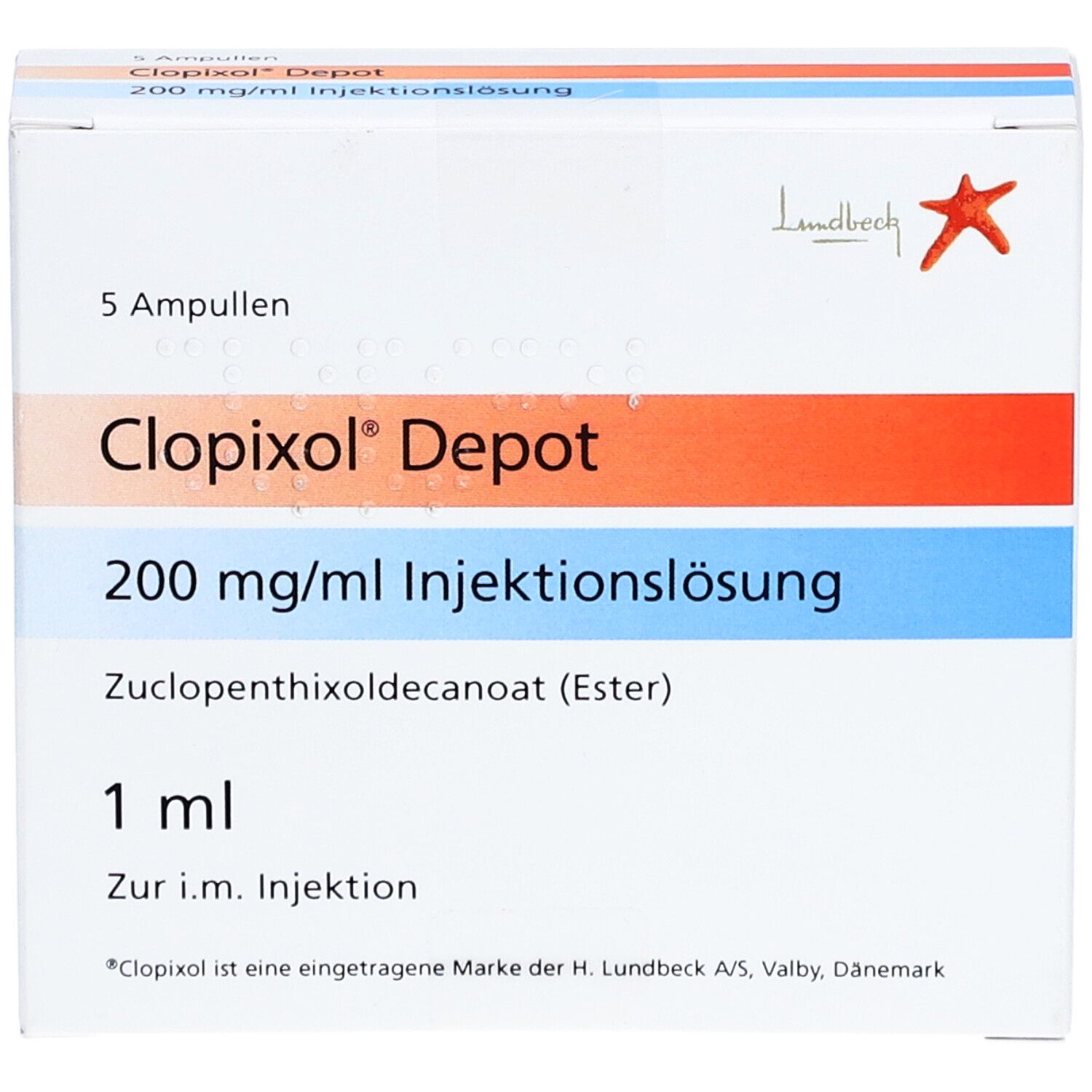 Verpackung mit 5 Ampullen Clopixol Depot 200 mg/ml Injektionslösung. 1 ml. Hersteller Lundbeck. Roter Stern.