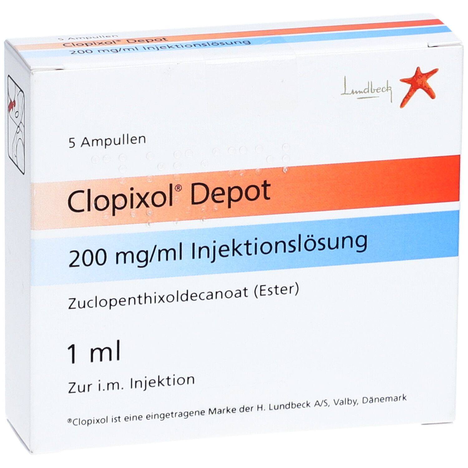 Verpackung mit 5 Ampullen Clopixol Depot 200 mg/ml Injektionslösung. 1 ml. Hersteller Lundbeck. Roter Stern.