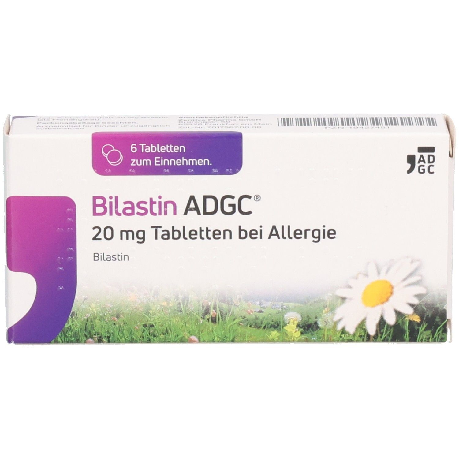Schachtel mit Tabletten. Aufschrift: Bilastin ADGC 20 mg Tabletten bei Allergie. 6 Tabletten. Logo ADGC.