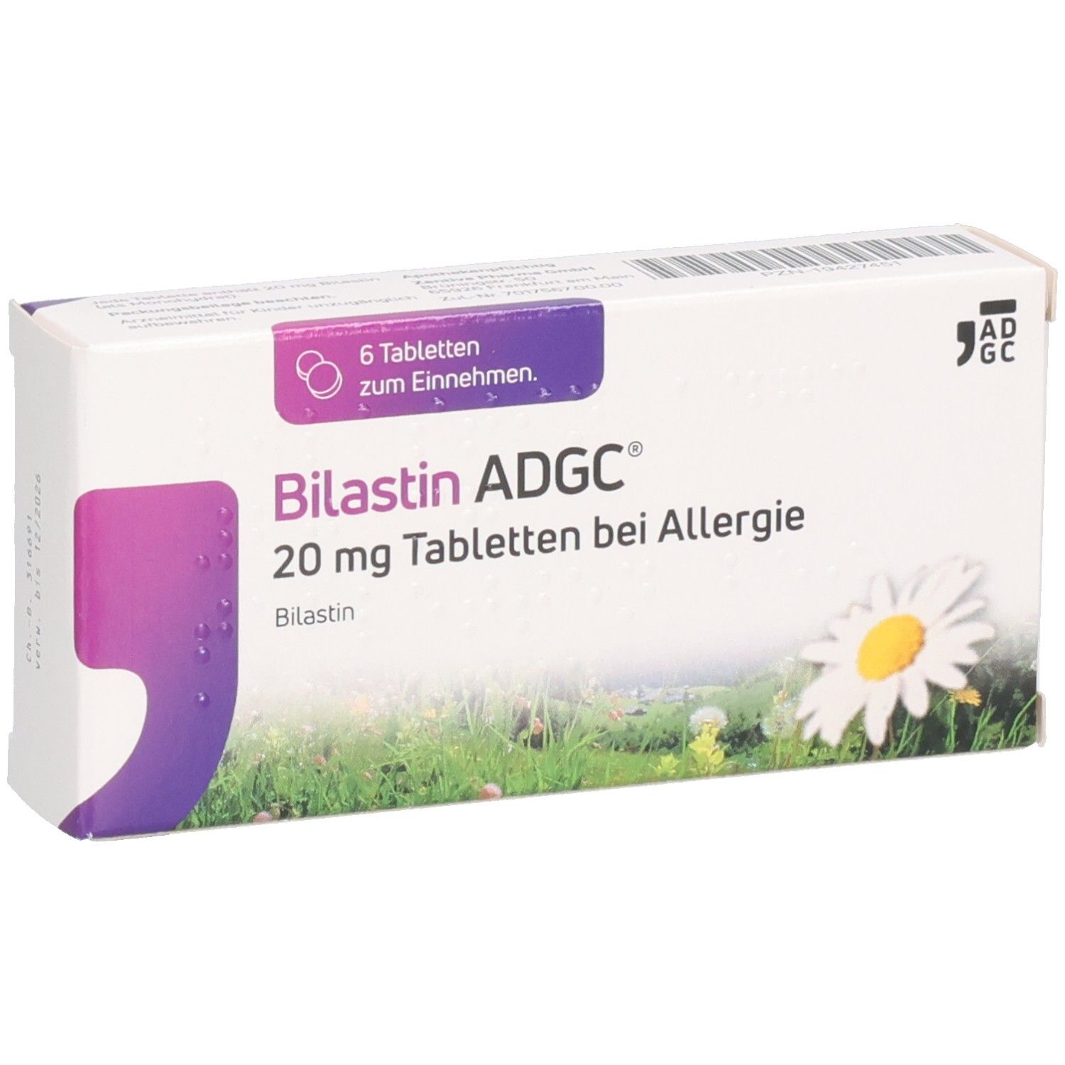 Schachtel mit Tabletten. Aufschrift: Bilastin ADGC 20 mg Tabletten bei Allergie. 6 Tabletten. Logo ADGC.