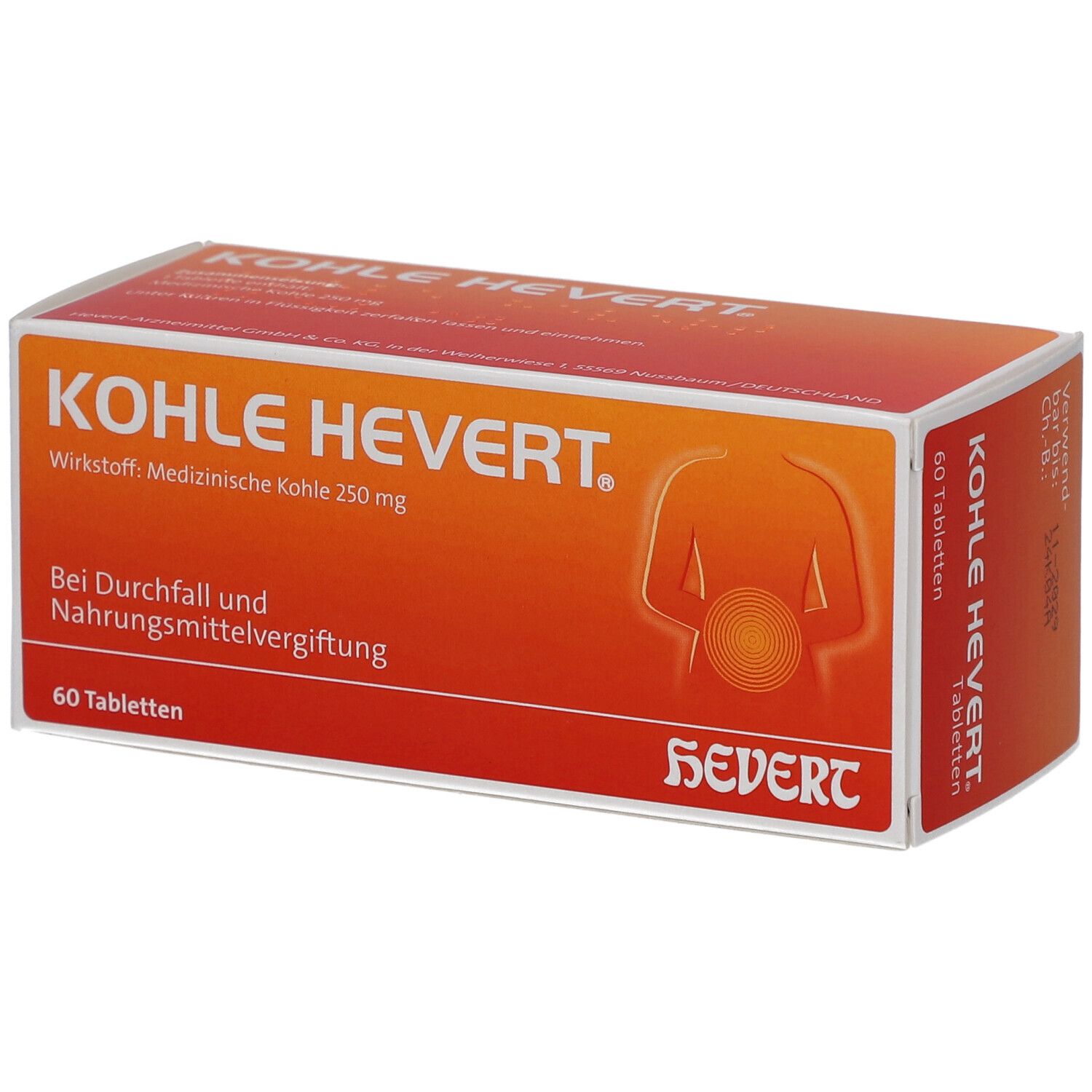 Kohle Hevert Tabletten-Packung. Orange-weiße Schachtel mit Produktnamen und Inhaltsangaben. 60 Tabletten.