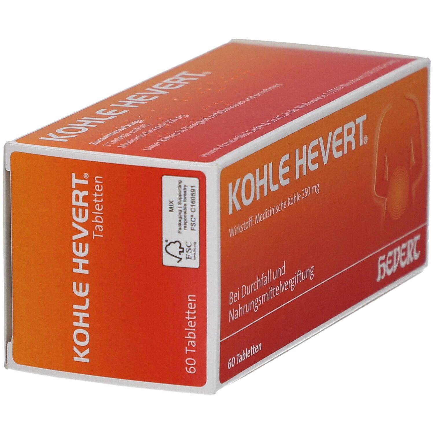 Kohle Hevert Tabletten-Packung. Schachtel in Orange-Weiß mit Produktnamen und Inhaltsangaben. 60 Tabletten.