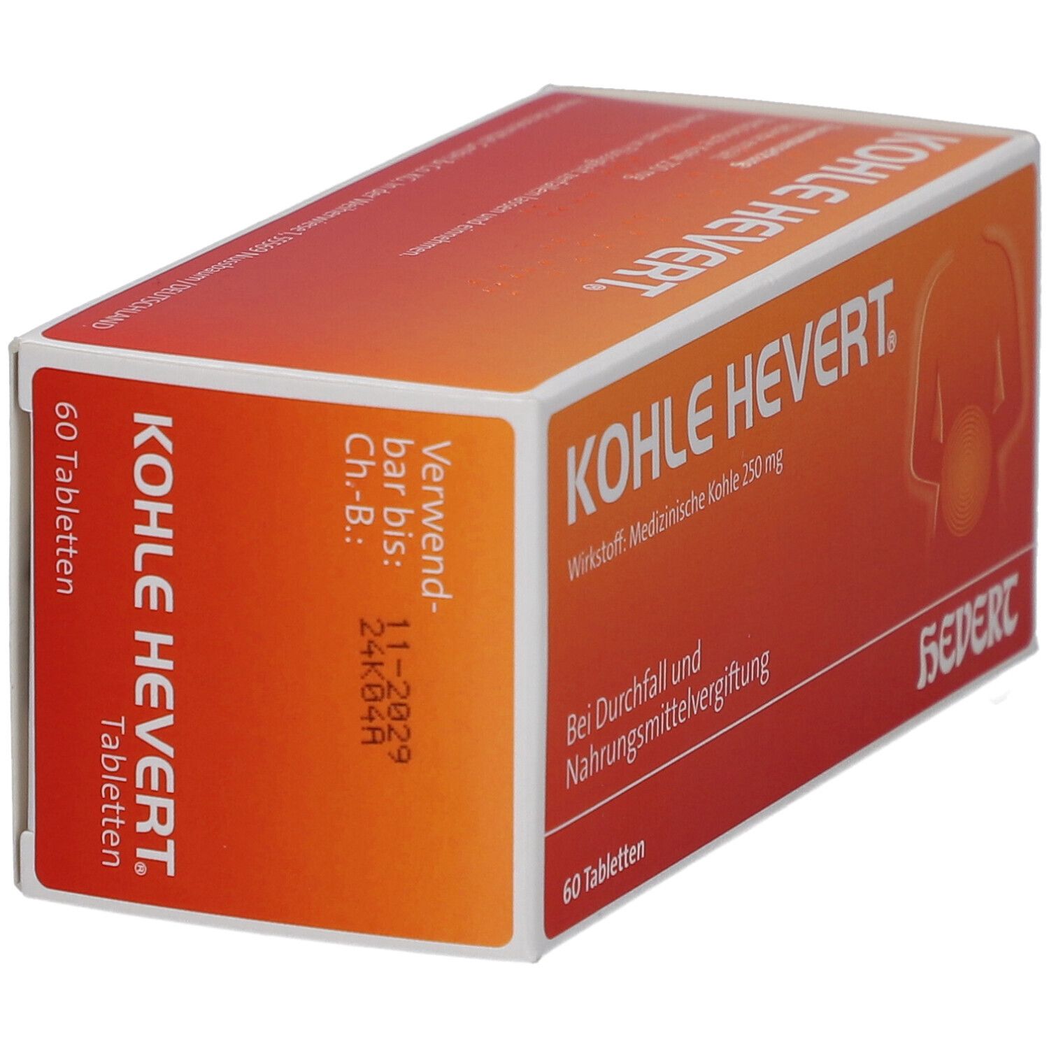 Kohle Hevert Tabletten-Packung. Orange-weiße Schachtel mit Produktnamen und Inhaltsangaben. 60 Tabletten. Verfallsdatum.