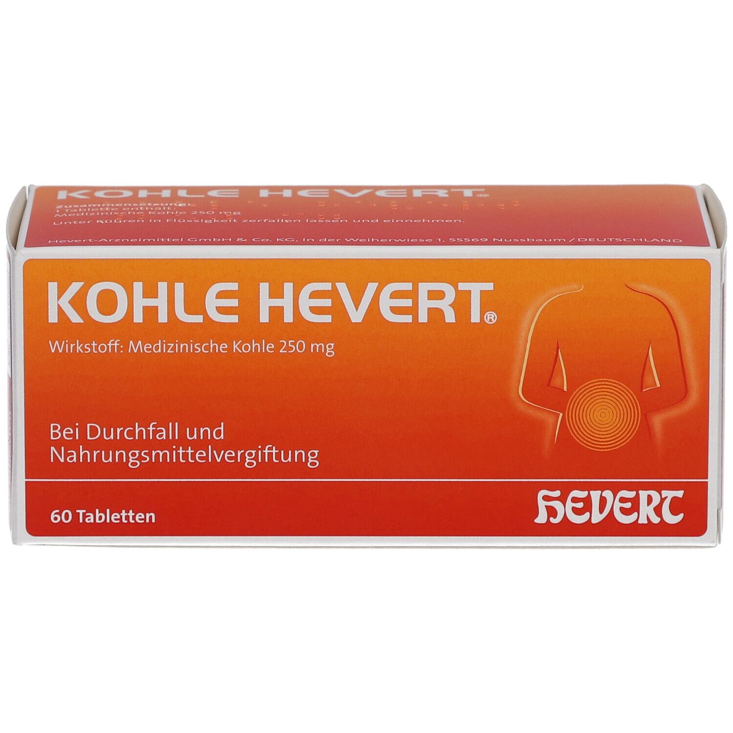 Kohle Hevert Tabletten-Packung. Orange-weiße Schachtel mit Produktnamen und Inhaltsangaben. 60 Tabletten.