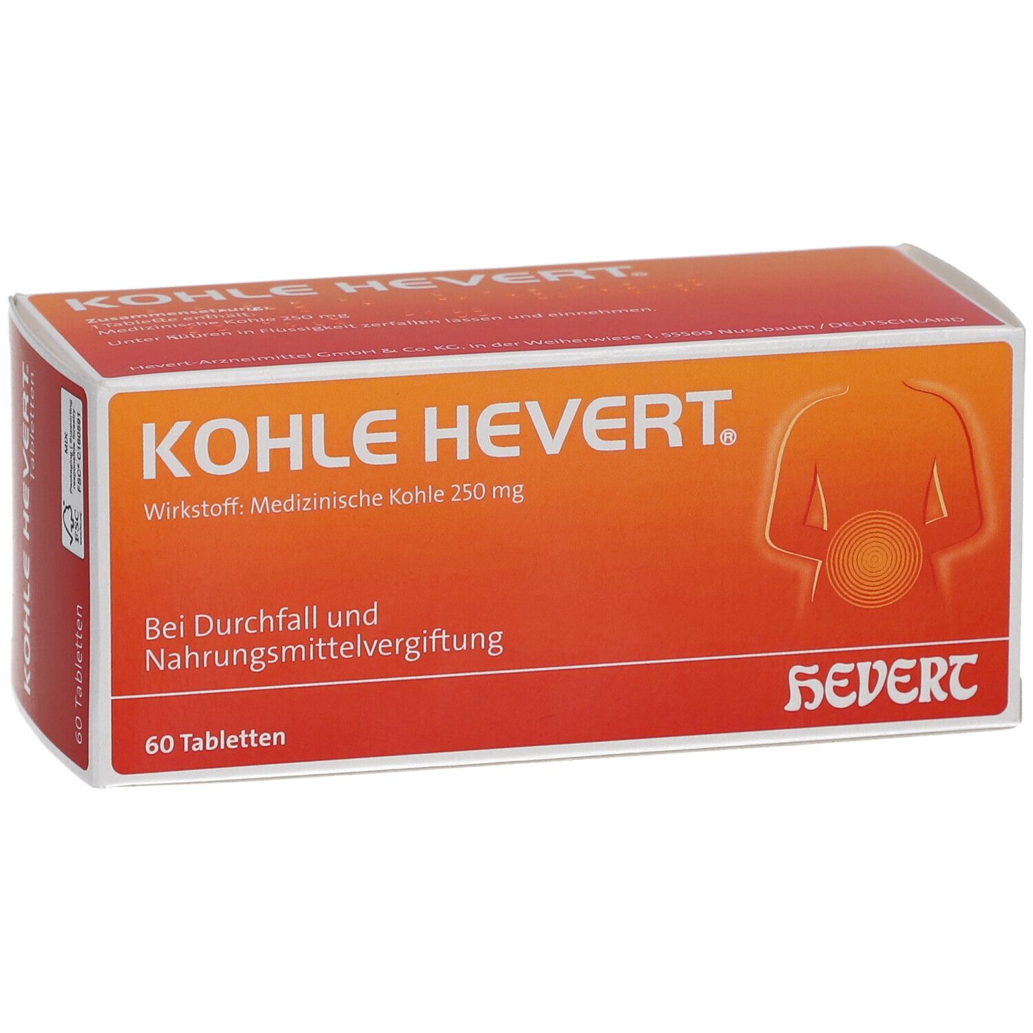 Kohle Hevert Tabletten-Packung. Orange-weiße Schachtel mit Produktnamen und Inhaltsangaben. 60 Tabletten.