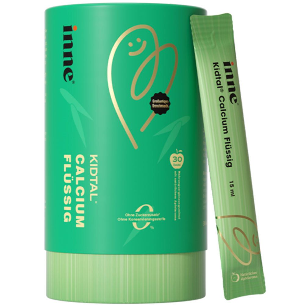 Grüne Dose und Beutel mit Aufschrift inne® Kidtal® Calcium Flüssig. Beutel: 15 ml.