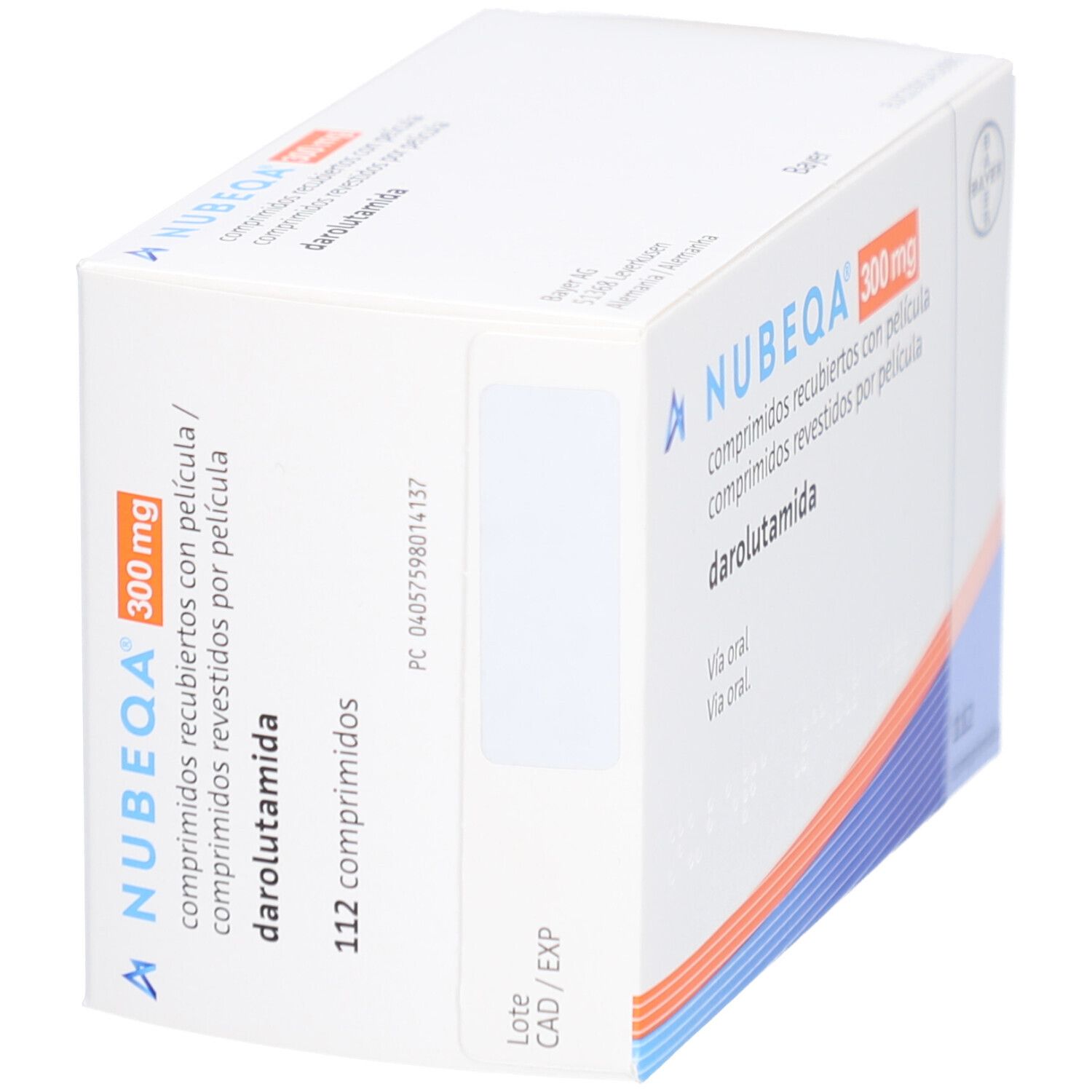 Schachtel NUBEQA 300 mg Filmtabletten. Aufschrift: comprimidos recubiertos con película, darolutamida, 112 comprimidos. Bayer-Logo.