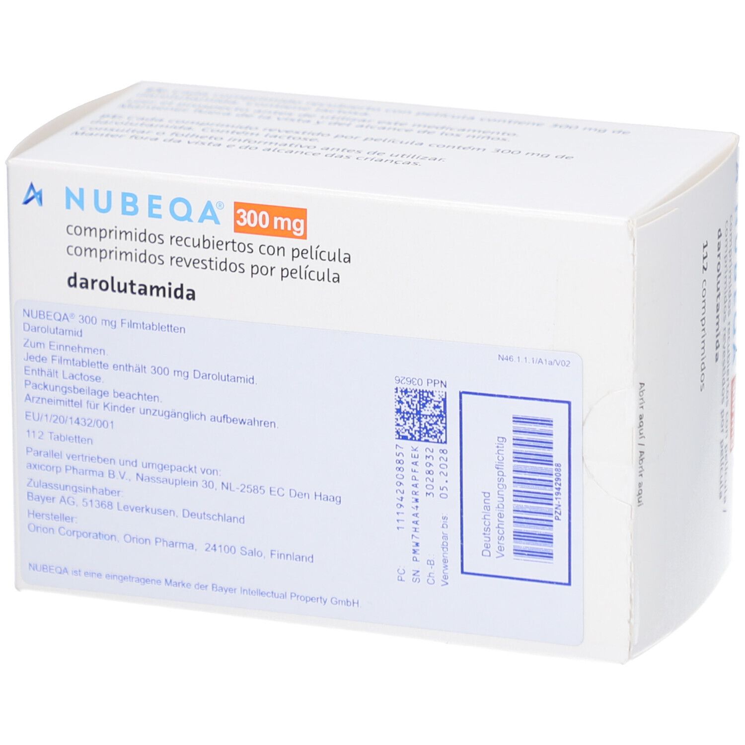 Schachtel NUBEQA 300 mg Filmtabletten. Aufschrift: comprimidos recubiertos con película, darolutamida, 112 comprimidos. Text und Barcode.