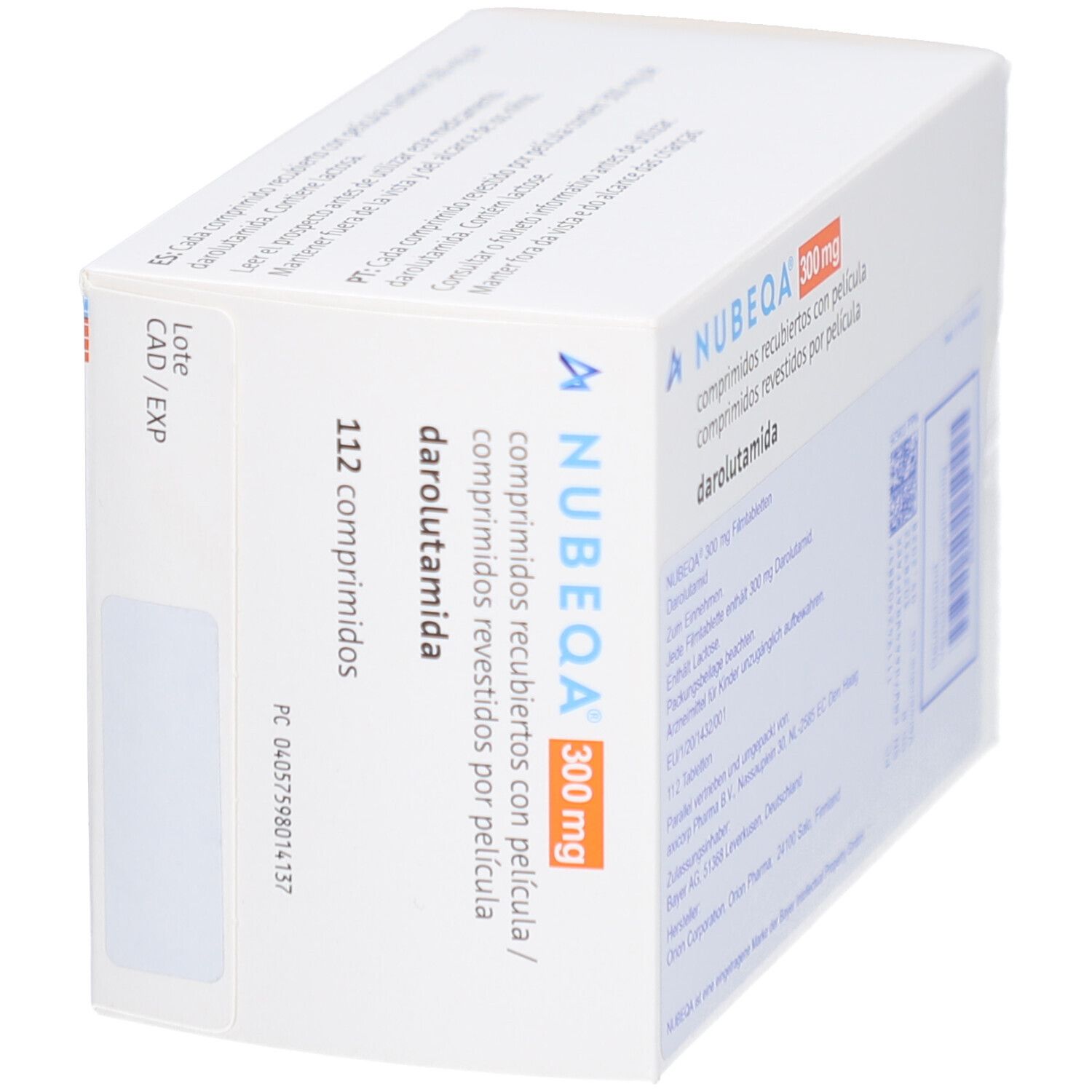 Schachtel NUBEQA 300 mg Filmtabletten. Aufschrift: comprimidos recubiertos con película, darolutamida, 112 comprimidos. Text und Barcode.