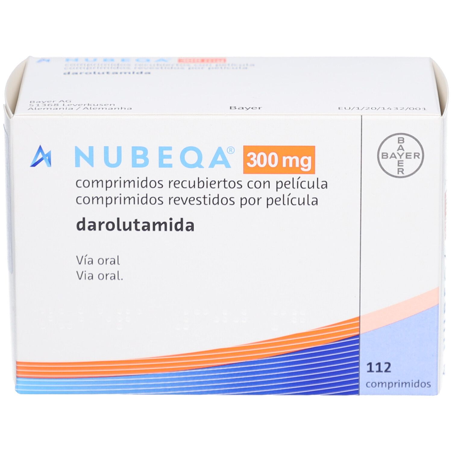 Schachtel NUBEQA 300 mg Filmtabletten. Aufschrift: comprimidos recubiertos con película, darolutamida, 112 comprimidos. Bayer-Logo.