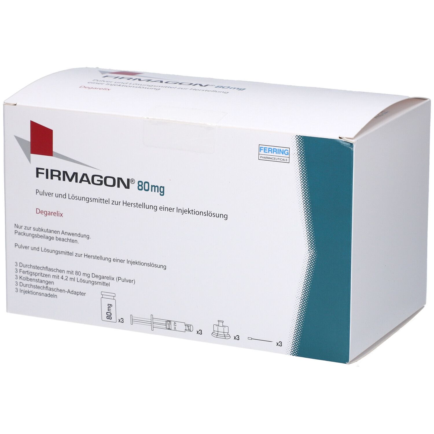 Weiße Verpackung mit Aufdruck. FIRMAGON 80 mg, Pulver und Lösungsmittel zur Herstellung einer Injektionslösung. Enthält 3 Durchstechflaschen, Spritzen und Adapter.