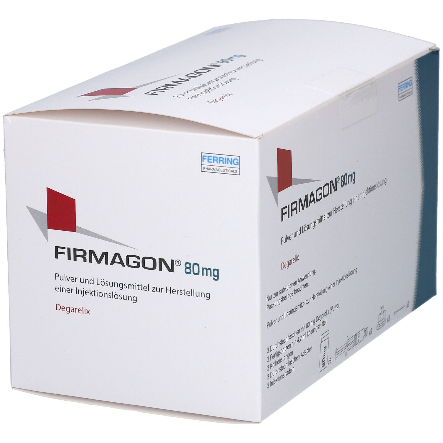 Weiße Verpackung mit Aufdruck. FIRMAGON 80 mg, Pulver und Lösungsmittel zur Herstellung einer Injektionslösung. Ferring Logo.
