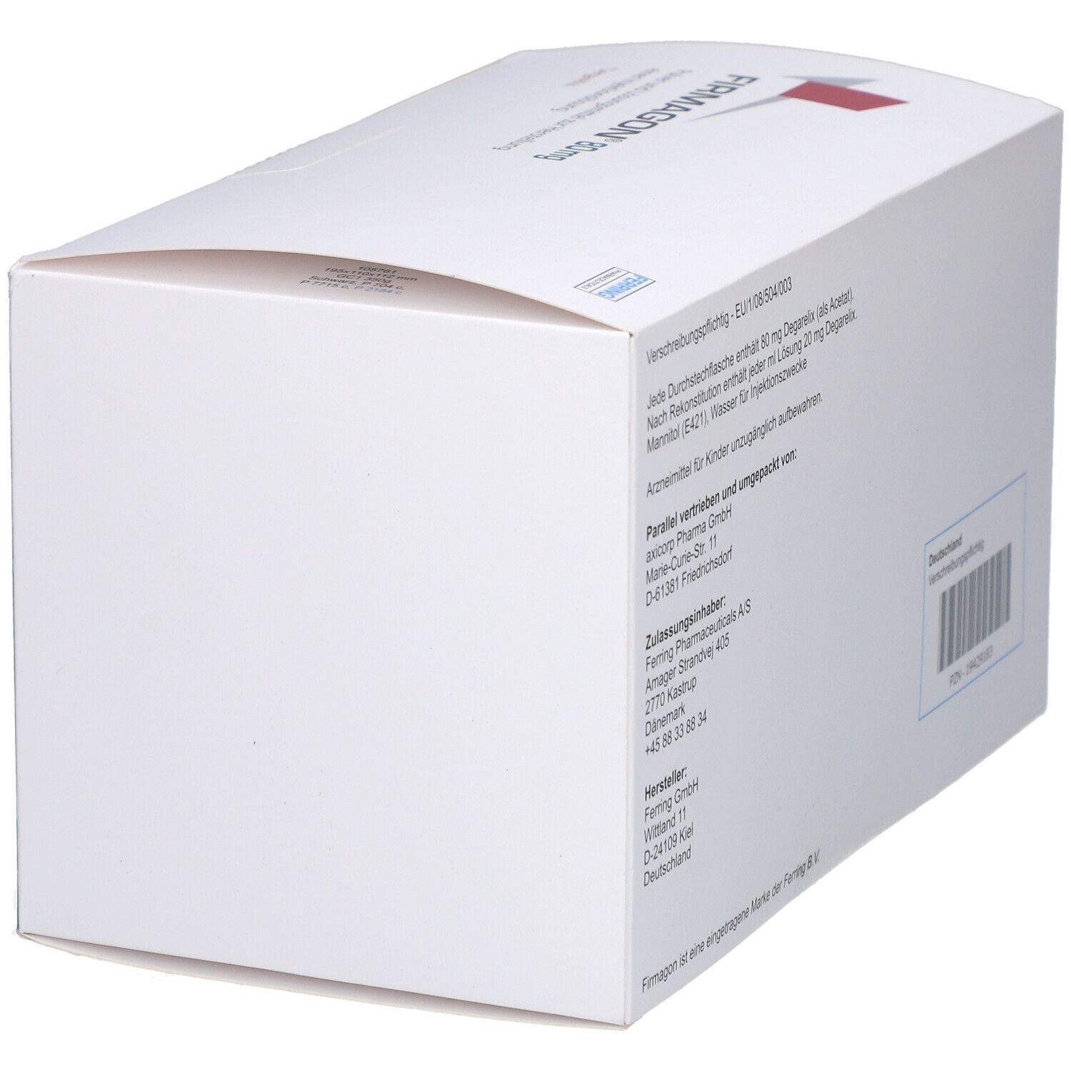 Weiße Verpackung, Rückseite. Enthält Informationen zu Inhaltsstoffen, Hersteller und Chargennummer. Barcode und Deutschland-Kennzeichnung.