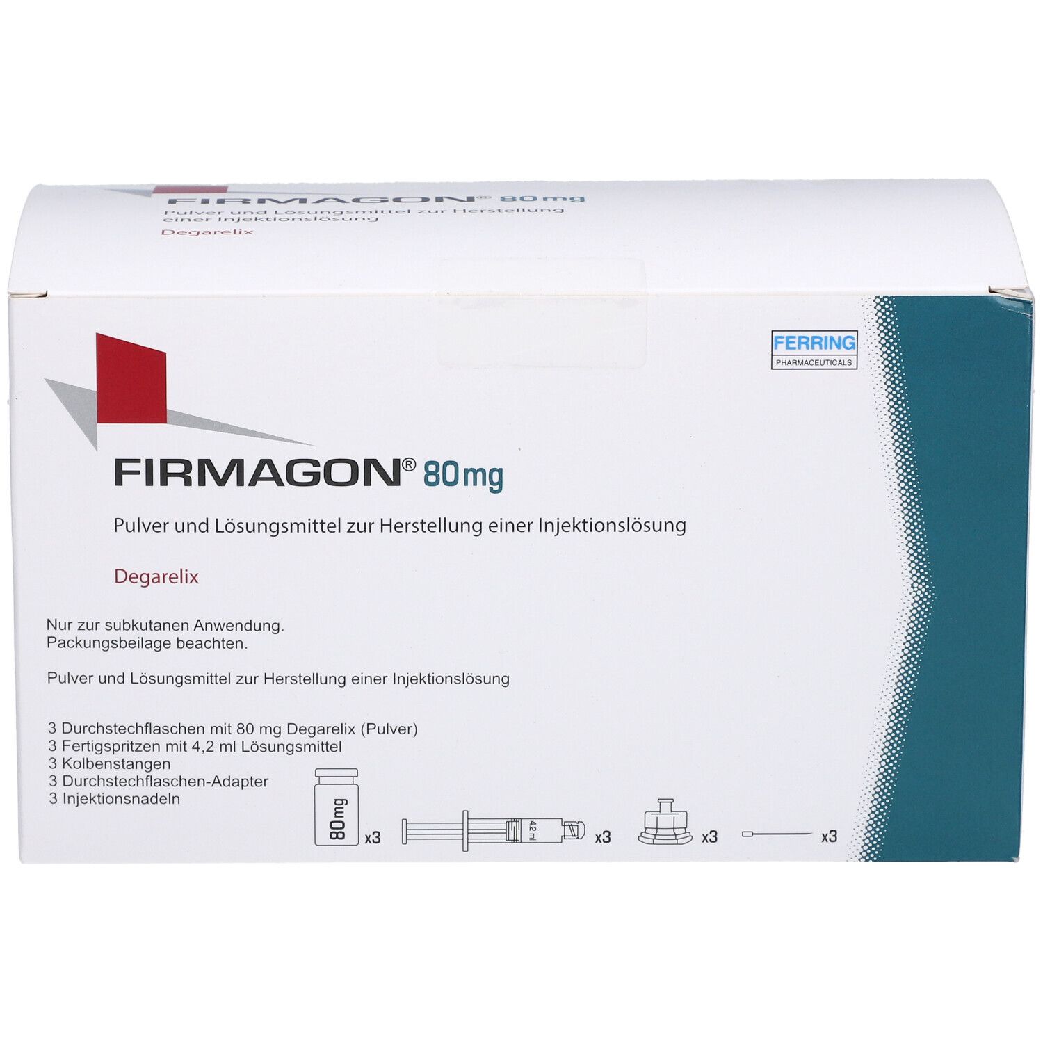 Weiße Verpackung mit Aufdruck. FIRMAGON 80 mg, Pulver und Lösungsmittel zur Herstellung einer Injektionslösung. Enthält 3 Durchstechflaschen, Spritzen und Adapter.