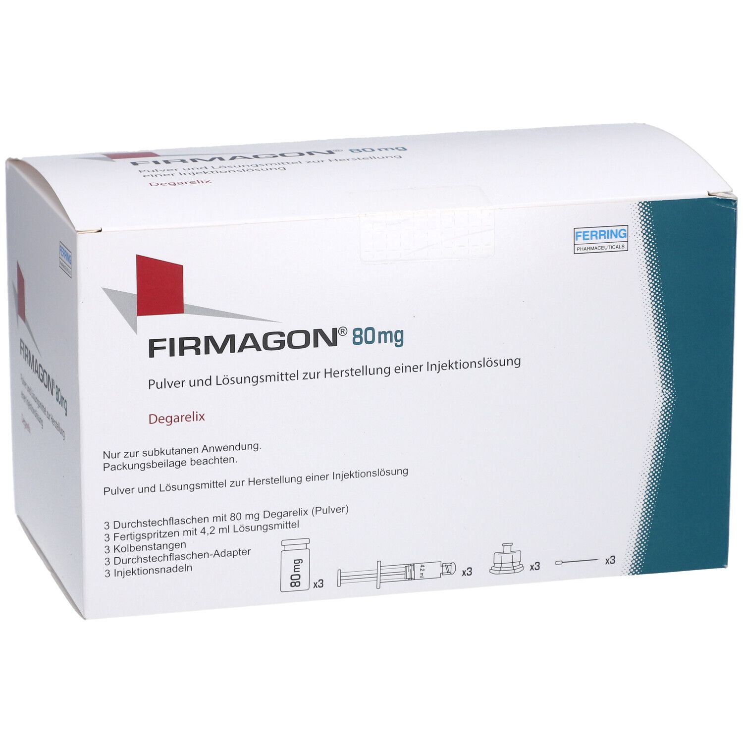 Weiße Verpackung mit Aufdruck. FIRMAGON 80 mg, Pulver und Lösungsmittel zur Herstellung einer Injektionslösung. Enthält 3 Durchstechflaschen, Spritzen und Adapter.