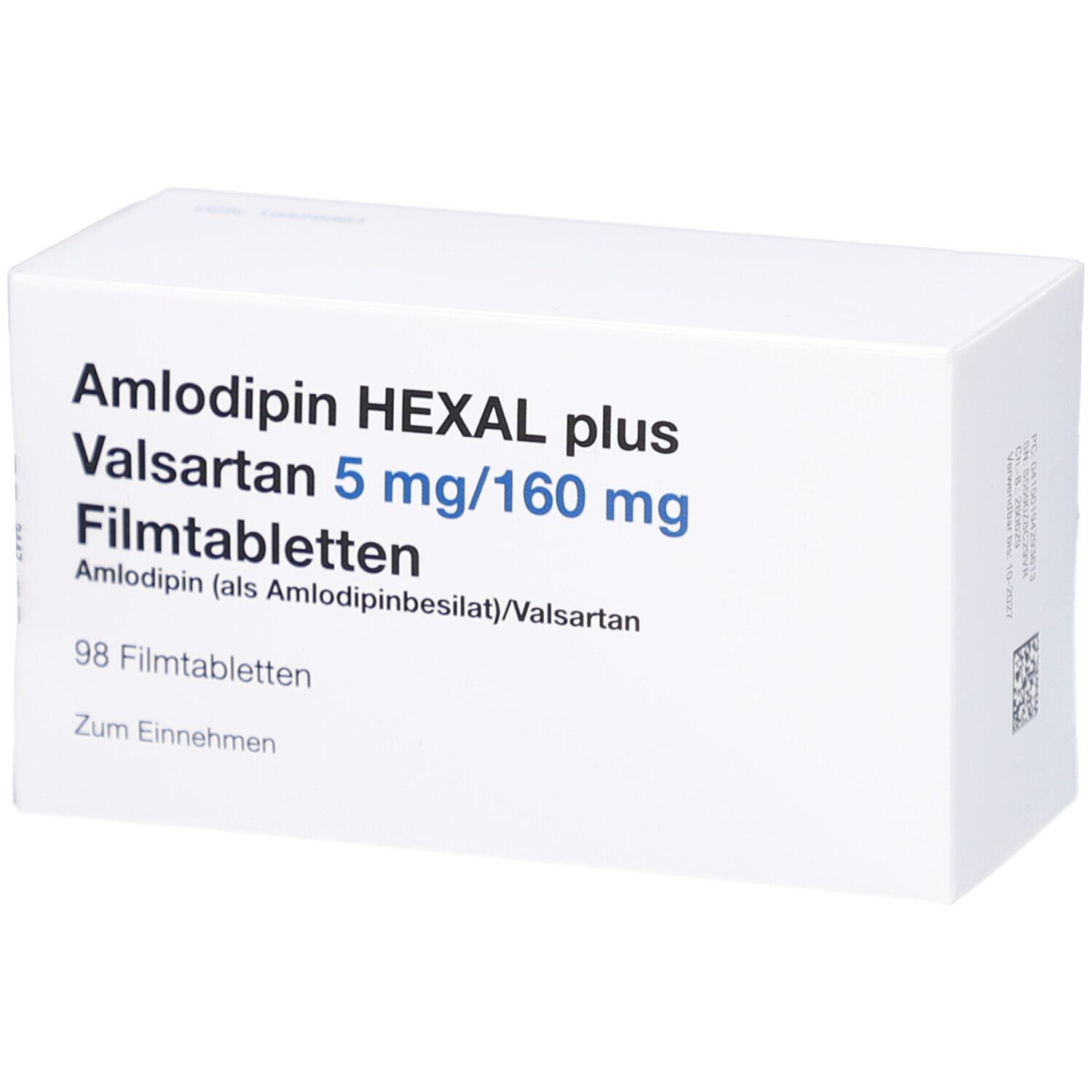 Weiße Schachtel mit Aufschrift: Amlodipin HEXAL plus Valsartan 5 mg/160 mg Filmtabletten. 98 Filmtabletten.