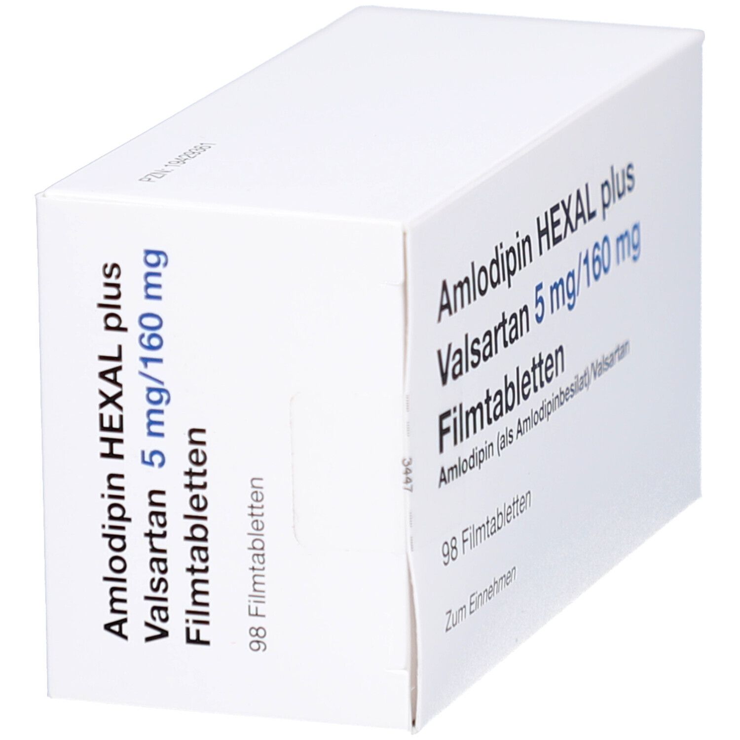 Weiße Schachtel, schräg. Aufschrift: Amlodipin HEXAL plus Valsartan 5 mg/160 mg Filmtabletten. 98 Filmtabletten.
