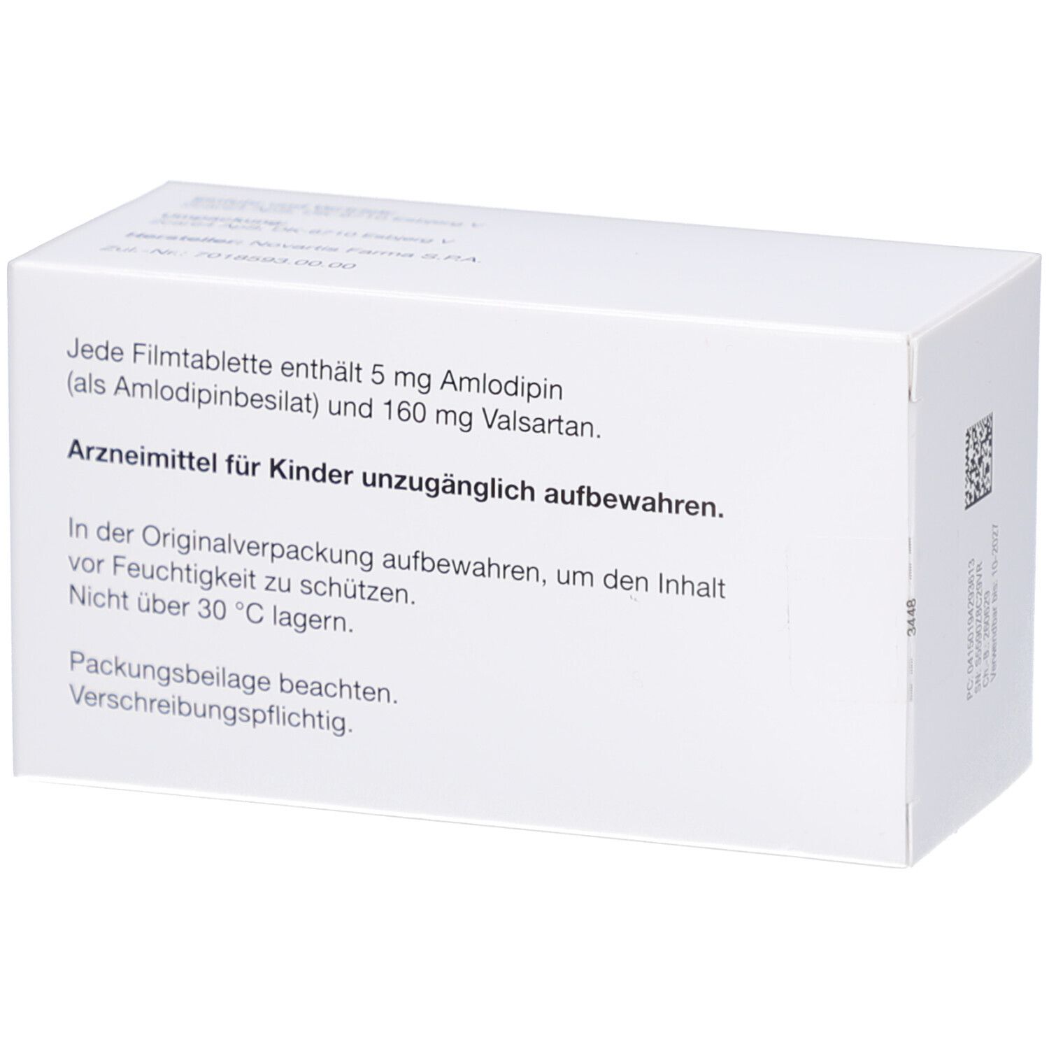 Rückseite der weißen Schachtel. Text: Jede Filmtablette enthält 5 mg Amlodipin und 160 mg Valsartan. Arzneimittel.