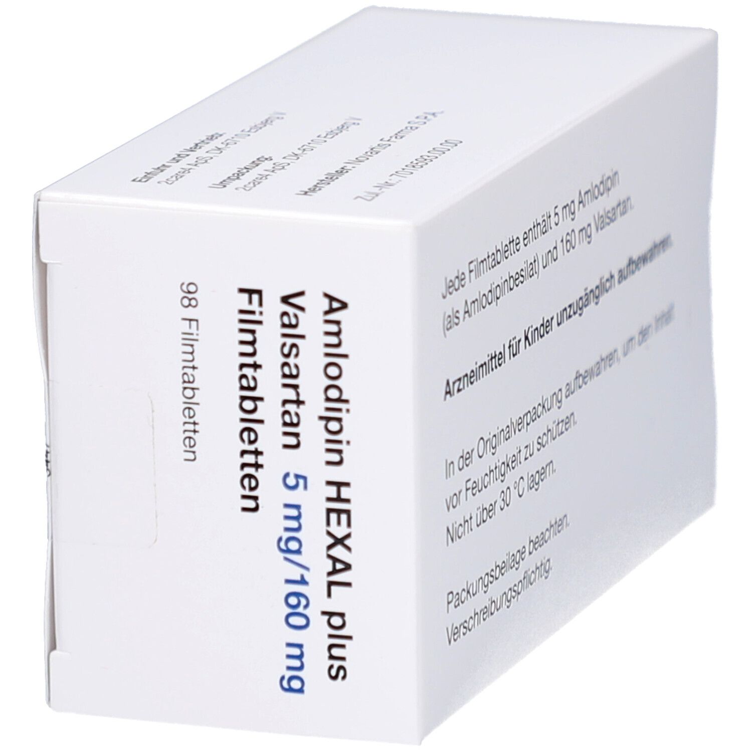Weiße Schachtel, schräg. Aufschrift: Amlodipin HEXAL plus Valsartan 5 mg/160 mg Filmtabletten. 98 Filmtabletten.