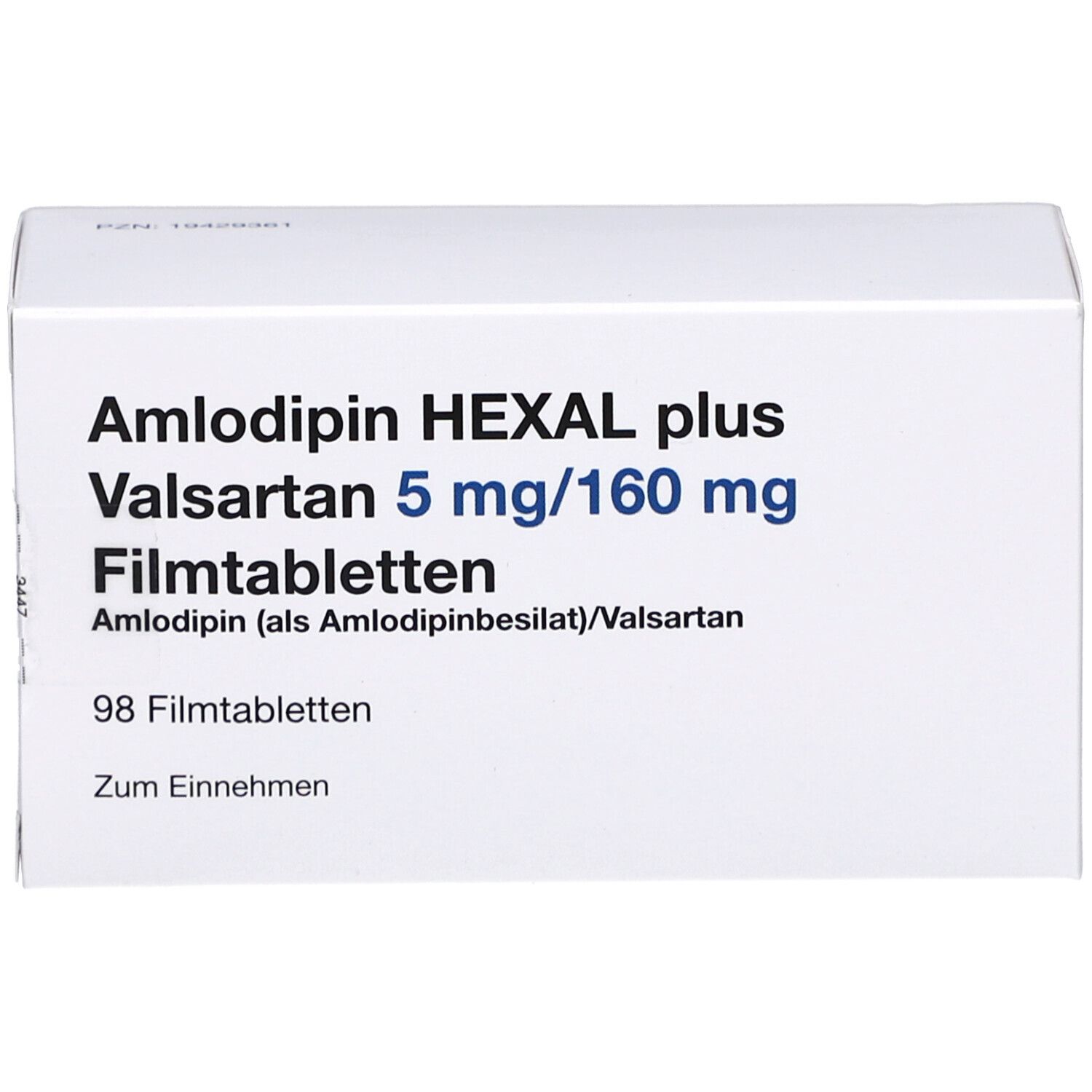 Weiße Schachtel mit Aufschrift: Amlodipin HEXAL plus Valsartan 5 mg/160 mg Filmtabletten. 98 Filmtabletten.