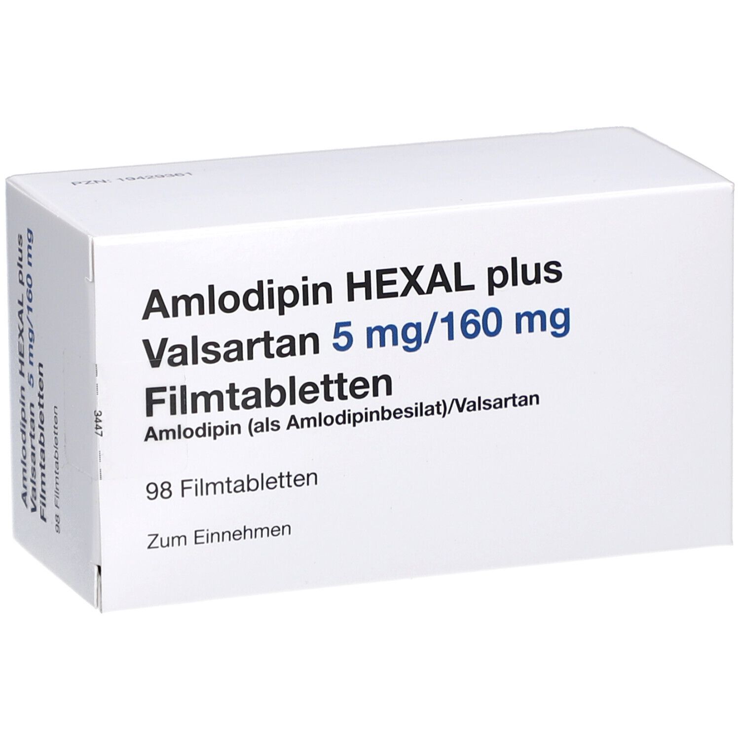 Weiße Schachtel mit Aufschrift: Amlodipin HEXAL plus Valsartan 5 mg/160 mg Filmtabletten. 98 Filmtabletten.