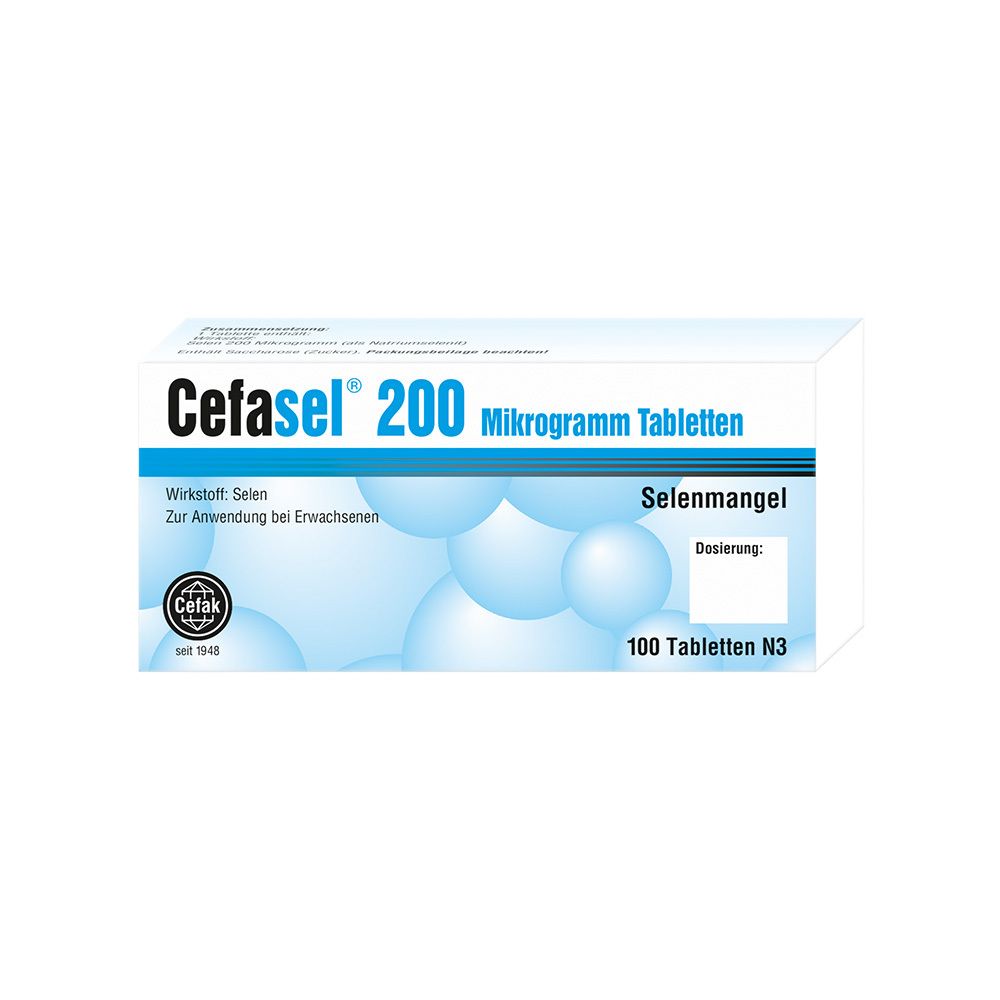 Weiße Schachtel mit "Cefasel 200 Mikrogramm Tabletten". Text: Selenmangel, 100 Tabletten. Logo: Cefak.