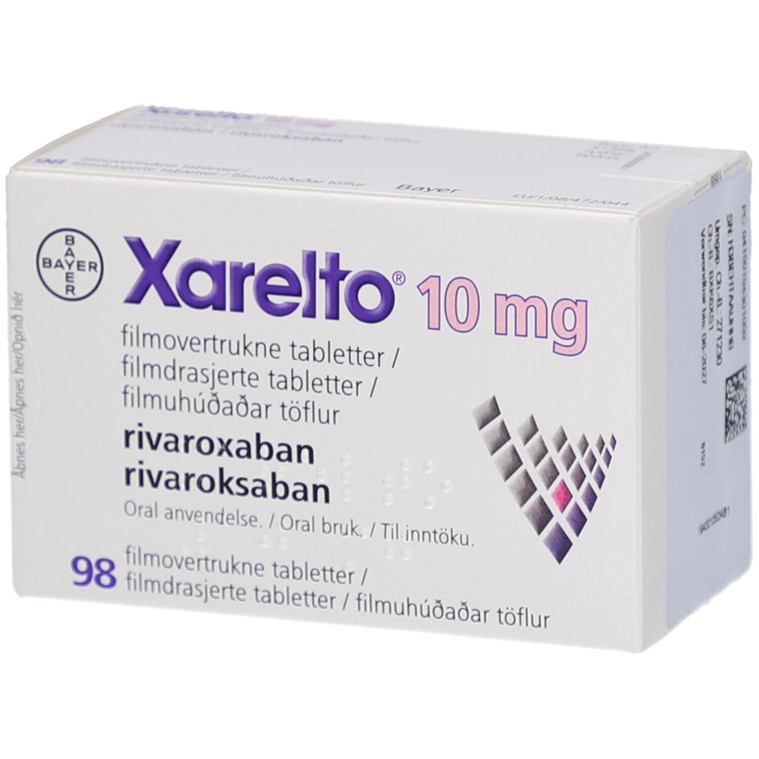 Xarelto 10 mg Filmtabletten-Packung. Bayer-Logo. Text in mehreren Sprachen. 98 Filmtabletten. Quadratisches Design mit rosa Akzent.