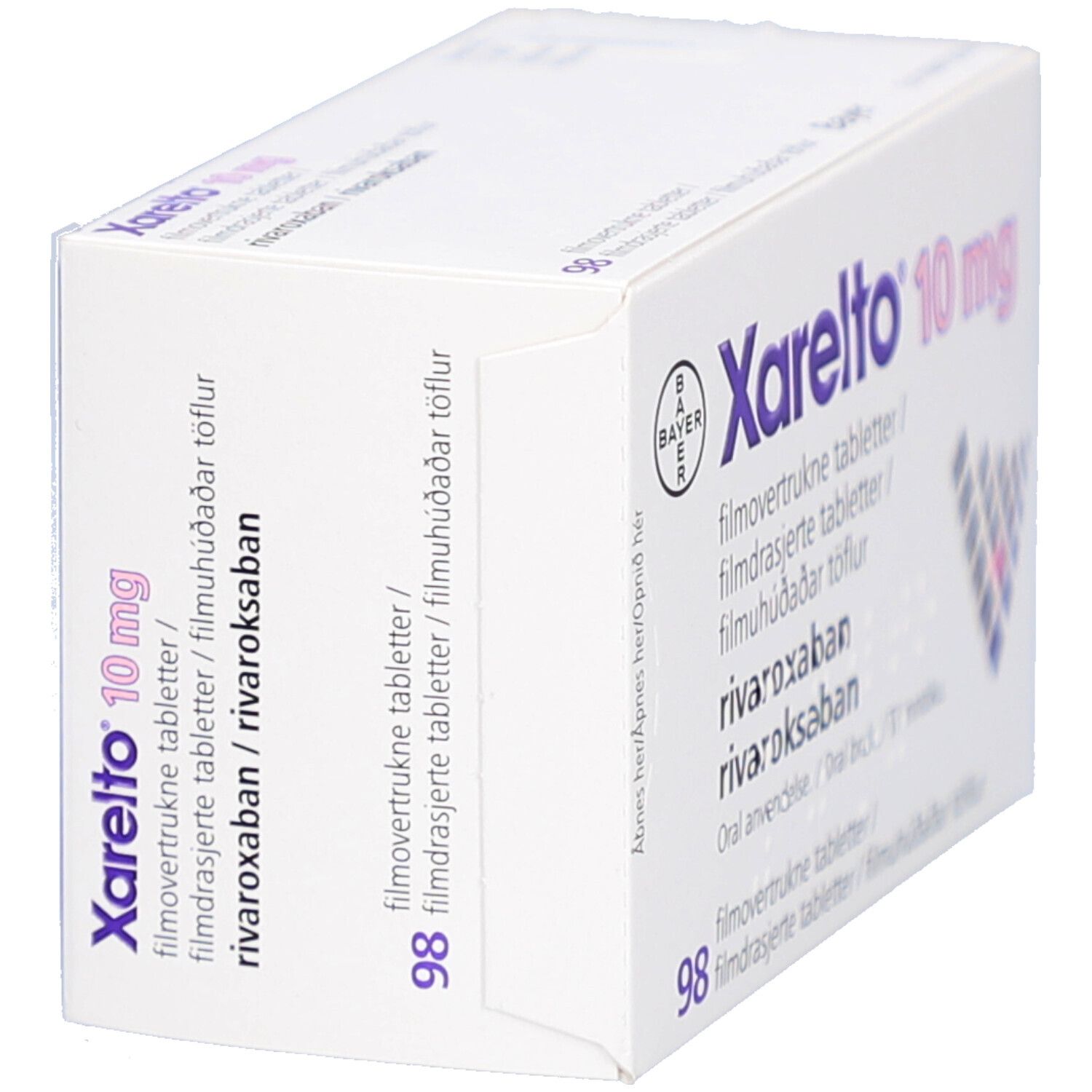 Xarelto 10 mg Filmtabletten-Packung. Bayer-Logo. Text in mehreren Sprachen. 98 Filmtabletten. Schräge Ansicht der Verpackung.