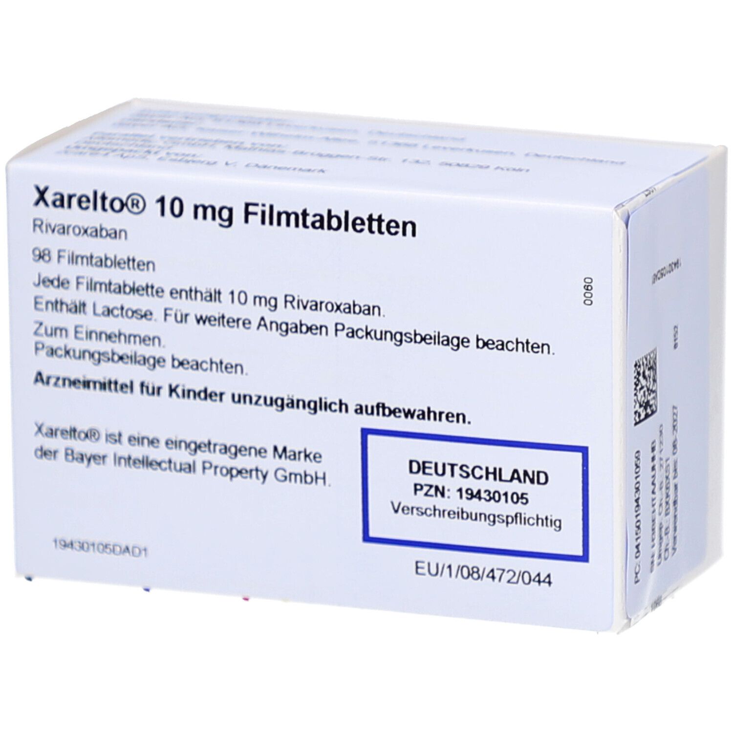 Xarelto 10 mg Filmtabletten-Packung. Text: 98 Filmtabletten, rivaroxaban. Deutschland-Kennzeichnung. PZN-Nummer. EU-Kennung.