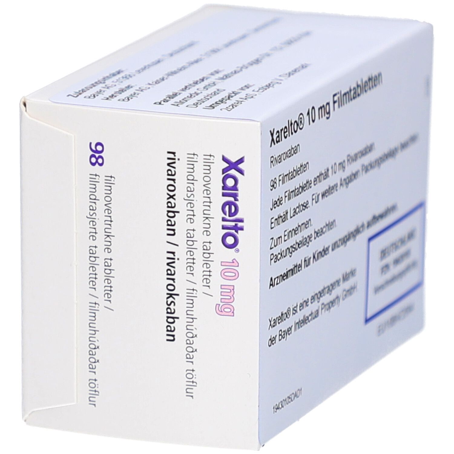 Xarelto 10 mg Filmtabletten-Packung. Text in mehreren Sprachen. 98 Filmtabletten. Schräge Ansicht der Verpackung.
