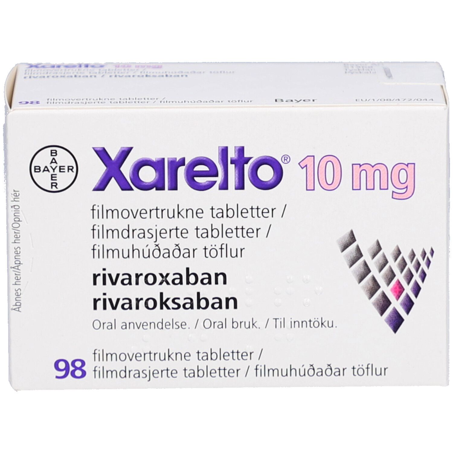 Xarelto 10 mg Filmtabletten-Packung. Bayer-Logo. Text in mehreren Sprachen. 98 Filmtabletten. Quadratisches Design mit rosa Akzent.
