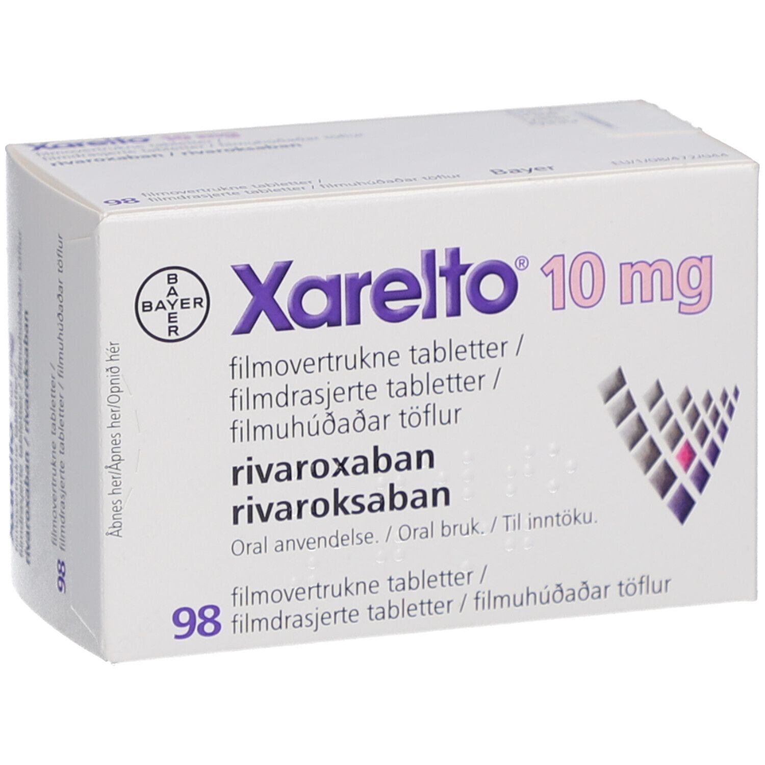 Xarelto 10 mg Filmtabletten-Packung. Bayer-Logo. Text in mehreren Sprachen. 98 Filmtabletten. Quadratisches Design.